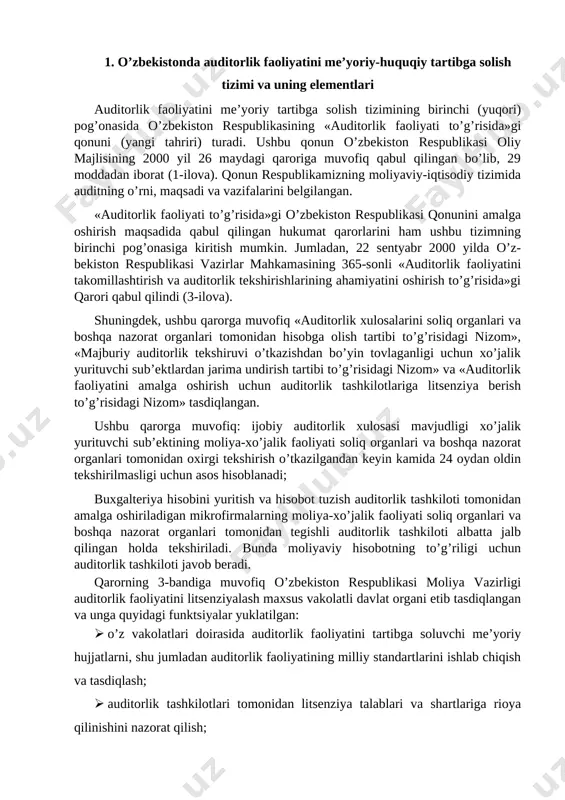 hisobini yuritish va hisobot tuzish auditorlik tashkiloti tomonidan amalga oshiriladigan mikrofirmalarning moliya-xo’jalik faoliyati soliq organlari va boshqa nazorat organlari tomonidan tegishli auditorlik tashkiloti albatta jalb qilingan holda tekshiriladi. bunda moliyaviy hisobotning to’g’riligi uchun auditorlik tashkiloti javob beradi. qarorning 3-bandiga muvofiq o’zbekiston respublikasi moliya vazirligi auditorlik faoliyatini litsenziyalash maxsus vakolatli davlat organi etib tasdiqlangan va unga quyidagi funktsiyalar yuklatilgan: · o’z vakolatlari doirasida auditorlik faoliyatini tartibga soluvchi me’yoriy hujjatlarni, shu jumladan auditorlik faoliyatining milliy standartlarini ishlab chiqish va tasdiqlash; · auditorlik tashkilotlari tomonidan litsenziya talablari va shartlariga rioya qilinishini nazorat qilish; · auditorlarning respublika jamoat birlashmasi bilan kelishgan holda auditorlar malaka sertifikatini olish uchun o’qitish dasturlarini va malaka imtihonlari topshirish tartibini tasdiqlash; · auditorlik faoliyatini amalga oshirishga berilgan litsenziyaning, auditorlar malaka sertifikatining amal qilishini to’xtatib turish, to’xtatish va bekor qilish; 1-ilova o’zbekiston respublikasida auditorlik faoliyatini tashkil etishning me’yoriy tizimi tartibga solish darajasi tartibga solish va qo’llanish doirasi me’yoriy hujjat turi va …