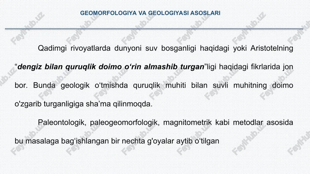 an kelib chiqadigan yo‘nalishning biri. bu g‘oya tarafdorlari “materiklar va okeanlar yer paydo bo‘lgan dastlabki bosqichda bor boʻlgan. hozir ham o'shanday o‘zgarishsiz turibdi”, degan fikrni olg‘a surishgan. geomorfologiya va geologiyasi asoslari neomombilizm g‘oyasi ilmiy jihatdan asoslangan ilg‘or progressiv fikr tariqasida keng yoyildi. turli davrlarga mansub bo‘lgan kosmik tasvirlarni taqqoslab, tahlil qilish natijasida, ayni paytda, materiklar turli yo‘nalishda va har xil tezlikda gorizontal yo‘nalishda siljishi (harakatlanayotgani) ma’lum bo‘ldi. geomorfologiya va geologiyasi asoslari * * geomorfologiya va geologiyasi asoslari okean tubi relyefi va geologik tuzilishi, tog‘ jinslarining yoshi va ularning geografik tarqalishining tahlil qilinishi bilan “litosfera plitalari tektonikasi” yoki “yangi global tektonika” g‘oyasi maydonga keldi. “yangi global tektonika” - yer litosferasini harakatdagi blokplitalar sistemasidan iborat deb qarovchi eng yangi geologik gipoteza. “yangi global tektonika”ning asosiy prinsiplari shotland geologi a.xolms tomonidan belgilanib, unda o.ampfererning yer po‘sti ostidagi oqim gipotezasi, j.jolining radiogen gipotezasi va a.vegenerning materiklarning suzib yurishi to‘g‘risidagi gipotezalarini birlashtirdi. * * geomorfologiya …
