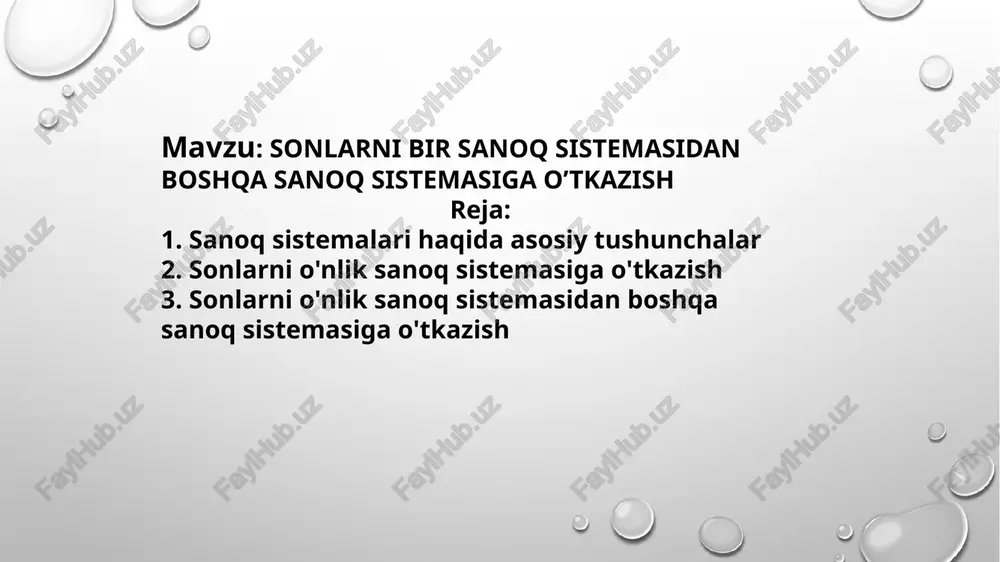 mlar (alifbo elementlari) sonini bildiradi va n bilan belgilanadi. o‘nlik sanoq sistemasidagi sonni boshqa sanoqsistemasidagi songa o‘tkazish o‘nlik sanoq sistemasidagi sonni boshqa sanoq sistemasiga o‘tkazish uchun berilgan son o‘tkazilishi kerak bo‘lgan asosga bo‘linadi va qoldiq son alohida belgilab olinadi. agar qoldiq qolmasa, u holda 0 alohida belgilab olinadi. hosil bo‘lgan bo‘linma o‘tkazilishi kerak bo‘lgan asosga yana bo‘linadi.natijani asosga bo‘lish bo‘linma asosdan kichik bo‘lgunga qadar davom ettiriladi. oxirgi natijadan boshlab hosil bo‘lgan qoldiq sonlar teskari ketma-ketlikda yozib olinadi. pozitsiyali sanoq sistemasidabutun sonlarniquyidagiqonuniyat asosida hosil qilinadi:keyingi son oldingi sonning o‘ngdagi oxirgi raqamini surish orqali hosil qilinadi; agarsurishda biror raqam 0ga aylansa, u holda bu raqamdan chapda turgan raqam suriladi.shu qonuniyatdan foydalanib, birinchi 10 ta butun sonni hosil qilamiz:·ikkilik sanoq sistemasida : 0, 1, 10, 11, 100, 101, 110, 111, 1000, 1001;·uchlik sanoq sistemasida : 0, 1, 2, 10, 11, 12, 20, 21, 22, 100;·beshlik sanoq sistemasida : 0, 1, 2, 3, 4, …