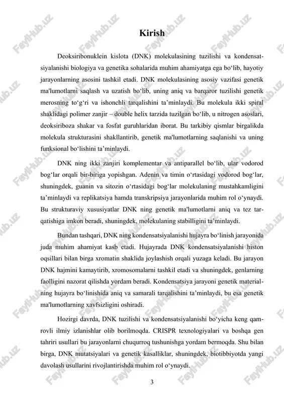 , dnk tuzilishi va kondensatsiyalanishi bo‘yicha keng qamrovli ilmiy izlanishlar olib borilmoqda. crispr texnologiyalari va boshqa gen tahriri usullari bu jarayonlarni chuqurroq tushunishga yordam bermoqda. shu bilan birga, dnk mutatsiyalari va genetik kasalliklar, shuningdek, biotibbiyotda yangi davolash usullarini rivojlantirishda muhim rol o‘ynaydi. i. dnk ning asosiy tuzilishini va uning tarkibini o'rganish dnk molekulasining asosiy tuzilishi va tarkibi uning biologicalik funksiyalarini tushunishda muhim bo‘lib, genetik ma'lumotlarning saqlanishi, uzatilishi va ifodalanishida asosiy rol o‘ynaydi. dnk molekulasining tuzilishi ikki qatlamli, spiral shaklidagi polimer zanjir bo‘lib, 1953 yilda james watson va francis crick tomonidan kashf etilgan. bu tuzilma, ya'ni double helix, uning genetik ma'lumotlarni saqlash uchun optimal va stabil bo‘lishini ta'minlaydi. dnk molekulasining tarkibi nitrogenli asoslar, shakar (deoksiriboza) va fosfat guruhlaridan iborat. nitrogenli asoslar – adenin (a), timin (t), guanin (g) va sitozin (c) – molekulaning genetik kodini tashkil etadi. bu asoslar o‘zaro vodorod bog‘lar orqali bog‘langan bo‘lib, adeninning timinga va guaninning sitozinga mos …