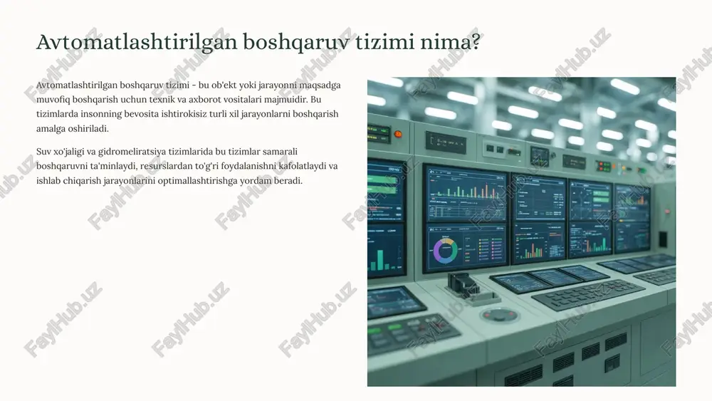l qaror qabul qilish imkoniyatiga ega xavfsizlik protokollari ssl/tls shifrlash protokollari ma'lumotlar almashinuvi standartlari autentifikatsiya va avtorizatsiya tizimlari boshqaruv platformalari sms, mobil ilovalar va veb-platformalar orqali boshqaruv amalga oshiriladi. har bir platforma o'zining afzalliklari va qo'llanish sohasiga ega. veb-platformalar keng funksionallik bersa, mobil ilovalar tezkorlikni ta'minlaydi. 5 zamonaviy texnologiyalar misoli: zigbee va gsm modullari zigbee tarmog'i simsiz sensorlar va qurilmalarni boshqarish uchun maxsus ishlab chiqilgan protokol. past energiya sarfida uzoq masofaga signal uzatadi va yuzlab qurilmani bir tarmog'a birlashtiradi. gsm moduli sms orqali signal yuborish va qabul qilish imkoniyati. internetga ulanishsiz ham ishlay oladi va ishonchli aloqani ta'minlaydi. 60% javob berish tezligi ushbu texnologiyalar yordamida favqulodda vaziyatlarga javob berish vaqti 60% ga qisqartiriladi 24/7 doimiy monitoring tizim kunning istalgan vaqtida to'xtovsiz ishlaydi 6 amaliy misol: aqlli sug'orish tizimi 1 aniq sug'orish sug'orish faqat kerakli vaqtda va kerakli miqdorda amalga oshiriladi. tuproq namligi, havo harorati va yog'ingarchilik ma'lumotlari asosida avtomatik rejim …