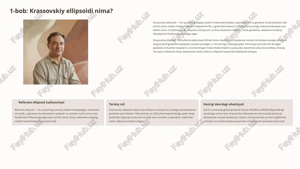 dan to 2000-yillarning boshlariga qadar keng qo'llanildi. bugungi kunda ham ko'plab arxiv xaritalari va geodezik materiallar ushbu ellipsoid asosida tuzilgan. hozirgi davrdagi ahamiyati garchi zamonaviy global geodezik tizimlar wgs84 va grs80 ellipsoidlariga asoslangan bo'lsa ham, krassovskiy ellipsoidi hali ham ko'plab postsovet davlatlarida mavjud xaritalarda, kadastr ma'lumotlarida va arxiv hujjatlarida uchraydi va transformatsiya jarayonlari uchun muhim ahamiyat kasb etadi. 2 krassovskiy ellipsoidining asosiy parametrlari har qanday referens ellipsoid ikki asosiy parametr bilan tavsiflanadi: katta yarim o'q va yassiqlik koeffitsienti. krassovskiy ellipsoidi ham o'zining xususiy parametrlariga ega bo'lib, ular 1940-yillarda amalga oshirilgan keng ko'lamli geodezik tadqiqotlar natijasida aniqlangan. bu parametrlar yevrosiyo qit'asining geoid yuzasiga maksimal darajada mos kelishini ta'minlash uchun optimallashtirilgan. 6,378,245 m ekvator yarim o'qi (a) bu parametr ellipsoidning ekvatoral tekislikdagi markazdan tashqi yuzagacha bo'lgan masofani ko'rsatadi. krassovskiy ellipsoidining bu qiymati wgs84 ellipsoidining 6,378,137 m qiymatidan biroz kattaroq. 1/298.3 yassiqlik koeffitsienti (f) yassiqlik — ellipsoidning qanchalik "siqilgan" ekanligini ko'rsatuvchi parametr. bu …
