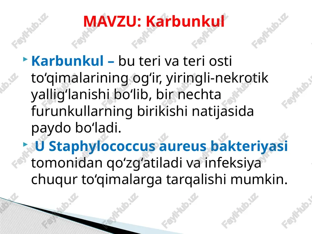 nkulning xavfli asoratlari: bo‘yin – eng ko‘p uchraydigan joy. orqa va yelka – kiyim bosimi va terlash sababli. son va dumg‘aza – uzoq vaqt o‘tirish natijasida. yuz – ayniqsa burun va iyak atrofida xavfli, chunki infeksiya miyada asorat qoldirishi mumkin. karbunkulning joylashish joylari karbonkul odatda quyidagi sohalarda rivojlanadi: vizual tekshiruv – yallig‘langan joyni ko‘zdan kechirish. bakterial ekinlar – yiringdan namuna olinib, bakteriyalarni aniqlash. qon tahlili – infeksiya darajasini aniqlash uchun. ultratovush (uzi) – yiringning qanchalik chuqurlashganini ko‘rish uchun. karbunkulni tashxislash shifokor quyidagi usullar orqali tashxis qo‘yishi mumkin: a) uy sharoitida davolash (yengil holatlar uchun) iliq kompress – kuniga bir necha marta iliq mato bosish yiring chiqishini tezlashtiradi. antiseptiklar – yiring chiqib bo‘lgandan keyin yara antiseptik vositalar bilan ishlanadi. og‘riq qoldiruvchi dorilar – ibuprofen yoki paratsetamol qabul qilish mumkin. to‘g‘ri gigiyena – yallig‘langan joy toza va quruq saqlanishi kerak. b) tibbiy davolash antibiotiklar – bakterial infeksiyani bostirish uchun (penitsillin, sefalosporinlar yoki …