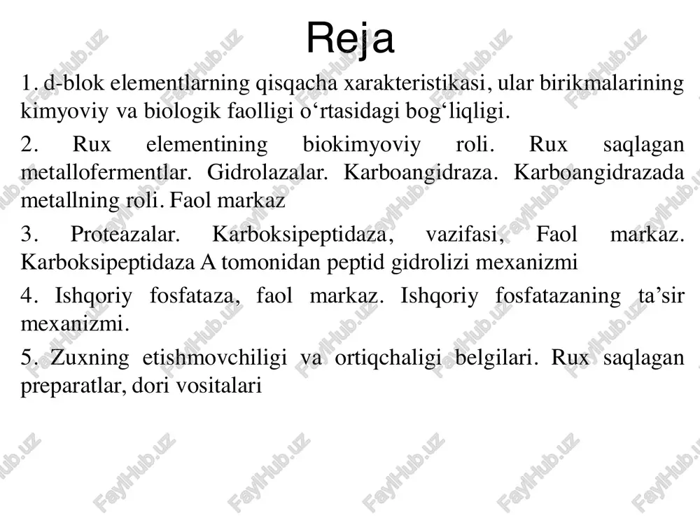 joylashgan. nb, cr, mo, ru, rh, pt, cu, ag, au ning tashqi pog’onasida bitta electron mavjud bo’lsa, pd da esa elektronlarning "q’ulashi" oqibatida tashqi pog’onachasida elektronlar yo’q. umuman olganda, d-elementlar atomlarining elektron tuzilishining xususiyatlarini quyidagi formula bilan ifodalash mumkin (n – 1) d(1–10)ns2(1). elektron ko’chishning paydo bo'lishi d-pog’onacha barqarorligining oshishi bilan izohlanadi: a) to'liq elektronlar bilan to'lgan (d10), b) yarmi to'lgan (d5) d- blok elementlarining xossalari d-elementlar to'qqizta valent orbitalga ega: bitta ns-orbital, uchta np-orbital va beshta (n-1) d-orbital. d-elementlar uchun valent orbitallar soniga qarab o'zgaruvchan valentlik xarakterlidir. ko'pgina hollarda, d-elementlar o'zgaruvchan oksidlanish darajasini ko'rsatadi va ularning aksariyati uchun maksimal oksidlanish darajasi guruh raqamiga to'g'ri keladi. ko'pgina d-elementlar birikmalardagi atomlarning turli xil oksidlanish darajalari bilan tavsiflanadi. sc ti v cr mn fe co ni cu zn +3 +4 +5 +6 +7 +6 +5 +4 +3 +2 +3 +4 +5 +6 +5 +4 +3 +2 +2 +3 +4 +5 +4 +3 …