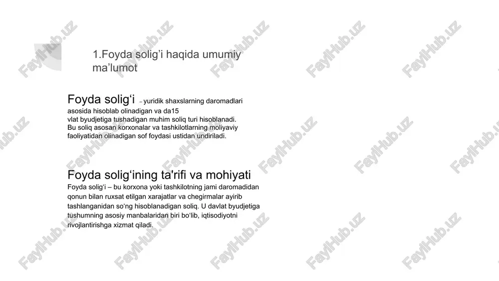 r amalga oshirgan tashkilotlar uchun chegirmalar. foyda solig‘ining iqtisodiy ahamiyati foyda solig‘i davlat moliya tizimining muhim qismidir va quyidagi vazifalarni bajaradi: davlat byudjetini to‘ldirish. ijtimoiy dasturlarni moliyalashtirish. iqtisodiy barqarorlikni ta’minlash. yangi ish o‘rinlarini yaratishni rag‘batlantirish. foyda solig‘i — bu yuridik shaxslarning faoliyatidan olinadigan va ular tomonidan to‘lanadigan soliq bo‘lib, davlat byudjetining asosiy manbalaridan biridir. bu soliq turi kompaniyalar va boshqa yuridik shaxslarning sof foydasidan olinadi. sof foyda, jami daromaddan ruxsat etilgan xarajatlar va imtiyozlar ayirib tashlangandan so‘ng qolgan summani tashkil etadi. 2.foyda solig’ini hisoblash tartibi soliq solinadigan daromadni aniqlash soliq solinadigan daromad — bu kompaniyaning jami daromadidan qonun doirasida belgilangan xarajatlar va imtiyozlar ayirilganidan keyin qolgan summadir. hisoblash tartibi: jami daromad: kompaniyaning yil davomida olingan barcha daromadlari, shu jumladan, sotuvlar, xizmatlar, foizlar va boshqa turdagi daromadlar. sof foyda: jami daromaddan yuridik shaxsning ruxsat etilgan xarajatlari va imtiyozlari ayirilgandan keyin qolgan summa. soliqqa tortiladigan daromad formulasi: soliqqa tortiladigan daromad = jami …
