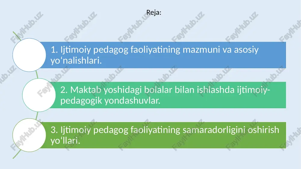 logik qo‘llab-quvvatlash tashkil etiladi. faoliyatga yo‘naltirilgan yondashuv bolani ijtimoiy faoliyatga jalb etish — ijobiy o‘zgarishlarga olib keladi. shu maqsadda ijtimoiy pedagog turli ijtimoiy loyihalar, ko‘ngillilar harakati, ekologik aksiyalarni tashkil qiladi. masalan, “yoshlar ijtimoiy xizmatda” loyihasi doirasida bolalar nuroniylarga yordam ko‘rsatish, maktabni obodonlashtirish ishlarida faol qatnashadilar. insonparvarlik yondashuvi ijtimoiy pedagog bola shaxsini hurmat qiladi, unga ishonch bildiradi, uning fikrini qadrlaydi. bu yondashuv orqali o‘quvchida o‘ziga ishonch, ijobiy emotsional holat shakllanadi. hamkorlik yondashuvi maktab, oila, mahalla va boshqa ijtimoiy institutlar o‘rtasidagi uzviy aloqani ta’minlash ijtimoiy pedagog faoliyatining eng muhim jihatidir. bola atrofida ijobiy ijtimoiy muhit yaratilmasa, uning to‘laqonli rivojlanishi qiyinlashadi. 3. ijtimoiy pedagog faoliyatining shakllari va metodlari ijtimoiy pedagog o‘z faoliyatida turli shakl va metodlardan foydalanadi. ular quyidagilardir: so‘rovnoma, suhbat, kuzatuv, diagnostika — bolaning ijtimoiy holatini aniqlash uchun; trening va seminarlar — o‘quvchilarda ijtimoiy ko‘nikmalarni rivojlantirish uchun; profilaktik tadbirlar — salbiy xatti-harakatlarning oldini olish uchun; ma’naviy-ma’rifiy tadbirlar — ijobiy qadriyatlarni singdirish uchun; …