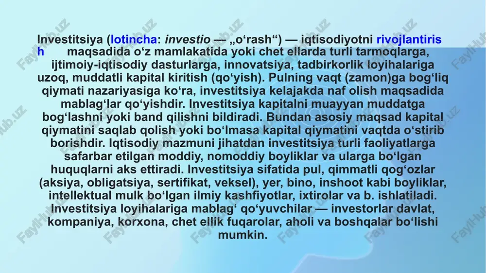 ri qatnashmoqda. investitsiya faoliyati to‘g‘risidagi qonun hujjatlari ushbu qonun va boshqa qonun hujjatlaridan iborat. qoraqalpog‘iston respublikasida investitsiya faoliyati sohasidagi munosabatlar qoraqalpog‘iston respublikasi qonun hujjatlari bilan ham tartibga solinadi. chet el investitsiyalarini amalga oshirish bilan bog‘liq munosabatlarning o‘ziga xos xususiyatlari chet el investitsiyalari to‘g‘risidagi, chet ellik investorlar huquqlarining kafolatlari va ularni himoya qilish choralari to‘g‘risidagi qonun hujjatlari, o‘zbekiston respublikasining xalqaro shartnomalari bilan ham tartibga solinadi. agar o‘zbekiston respublikasining xalqaro shartnomasida o‘zbekiston respublikasining investitsiya faoliyati to‘g‘risidagi qonun hujjatlarida nazarda tutilganidan boshqacha qoidalar belgilangan bo‘lsa, xalqaro shartnoma qoidalari qo‘llaniladi. mamlakat iqtisodiyotini rivojlantirishda investitsiyalardan foydalanishning afzalliklari hamda investitsiyalarni kiritishda kengaytirilgan ko'p omilli va tavakkalchilik bilan bog'liq yondashuvlar, korxonalar miqyosida investitsiya faoliyatini baxolash ko'rsatkichlari bilan bog'liq masalalaryoritilgan. kalit so'zlar: investitsiya, investitsiya afzalliklari, kengaytirilgan ko'p omilli yondashuv, tavakkalchilik, baholash ko'rsatkichlari. o‘zbekiston respublikasining "investitsiyalar va investitsiya faoliyati to‘g‘risida”gi qonunini samarali ijro etilishi uchun investorlar bilan investitsiyalar va tashqi savdo vazirligi, hokimliklar, xorijdagi diplomatik vakolatxonalar va tijorat banklari …