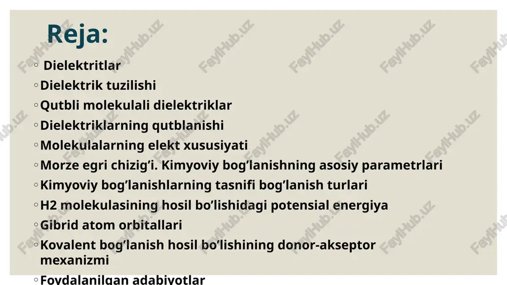 gan zaryadlar hosil boʻladi. azot, kislorod, vodorod gazlari, toluol, benzol suyuqliklari va polistirol, polietilen, naftalin kabi qattiq moddalar bularga misol bo’la oladi. qutblanish elektronlar va ionlarning siljishi tufayli vujudga kelsa, bundan dielektriklarning dielektrik kirituvchanligi 4 dan 15 gacha qiymatlarga ega bo’lishi mumkin.tashqi maydon bo’lmaganda o’z-o’zidan qutblanish qobiliyatiga ega bo’lgan dielektriklar guruhi ham mavjud. ular segneto- elektriklar deb ataladi. ularning dielektrik kirituvchanligi bir necha mingga yetishi mumkin. segnetoelektriklarda deformatsiya vaqtida qutblanishi kuzatiladi. bu hodisa pyezoelektrik effekt deb yuritiladi. dielektriklar qattiq (organik, anorganik), suyuq va gazsimon xillarga boʻlinadi. qattiq organik dielektriklarga sellyuloza, kauchuk, qat-ron, bitumlar, parafinlar, mum, yog’och, qog’oz, plastmassalar, lok bo’yoqlar v.b kiradi. bular kuch, signal kabellarini izolyatsiyalashda, kondensatorlar, g’altaklar, qistirmalar tayyorlashda, elektr apparaturalar simlari va chulg’amlarining izolyasiyalariga shimdirishda ishlatiladi. qattiq anorganik dielektriklarga radiotexnik keramika, segnetoelektriklar, pyezoelektriklar, elektronik shisha, slyudalar va b. kiradi. izolyatorlar, yuqori chastotali kondensatorlar, pyezoelementlar, ballonlar, elektrovakuum asboblar va b. tayyorlanadi. suyuq dielektriklarga kuch transformatoriga, yuqori kuchlanishli ulab-uzgichlarga …