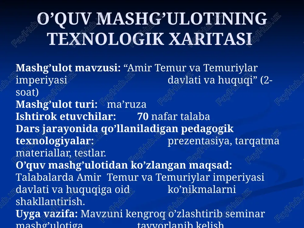. t., 1991 y. 7. h.b.boboev. o’zbek davlatchiligi tarixi.t.: - 2005 y. 8. m.hamidova. o’zbekiston davlati va huquqi tarixi".o’quv qo’llanmasi.t.tdyui –2005 y. 183 bet 9. m.hamidova. o`zbekiston davlati va huquqi tarixi. o’quv-uslubiy qo’llanma.t.tdyui. 2008 y. 112 bet kimki o’zbek nomini, o’zbek millatining kuch-qudratini, adolatparvarligini, cheksiz imkoniyatlarini, uning umumbashariyat rivojiga qo’shgan hissasini, kelajakka ishonchini anglamoqchi bo’lsa, amir temur siymosini eslashi kerak. islom karimov biz kim mulki turon amiri turkistonmiz biz millatlarning eng qadimi va eng ulug’i turkning bosh bo’ginimiz. amir temur amir temur davlati 1,5 mln. kv.km. hududda – xitoy chegaralaridan boshlab to sharqiy rim va misr yerlarigacha bo’lgan hududlarda o’z imperiyasini tuzdi. amir temur davlati 27 ta podsholikni egalladi. amir temur davlati bayrog’i amir temur davrida davlat bayrog’i juda katta ijtimoiy siyosiy, ma’naviy ahamiyat kasb etgan. dushman ustidan mardlik ko’rsatib g’alaba qozongan amirlar va sipohiylar temur davlatining timsollari – tug’ va nog’ora bilan mukofatlanganlar. bu ham sohibqiron saltanatida davlat ramzlari …
