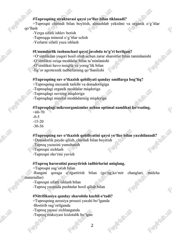 rilgan? +oʻsimlikdan yuqori hosil olish uchun zarur sharoitlar bilan taminlanishi -oʻsimlikni oziqa moddalar bilan ta’minlanishi -oʻsimlikni havo-issiqlik va yorug’lik bilan -ilg’or agrotexnik tadbirlarning qoʻllanilishi #tuproqning suv oʻtkazish qobiliyati qanday omillarga bog’liq? +tuproqning mexanik tarkibi va donadorligiga -tuproqdagi organik moddalar miqdoriga -tuproqdagi suvning miqdoriga -tuproqdagi mineral moddalarniig miqdoriga #tuproqdagi mikroorganizmlar uchun optimal namlikni koʻrsating. +60-70 -0-5 -15-20 -30-36 #tuproqning suv oʻtkazish qobiliyatini qaysi yoʻllar bilan yaxshilanadi? +donadorlik paydo qilish, chirindi bilan boyitish -tuproq yuzasini yumshatish -tuproqni zichlash -tuproqni shoʻrini yuvish #tuproq haroratini pasaytirish tadbirlarini aniqlang. +tuproqni sug’orish bilan -rangini qoraga oʻzgartirish bilan (goʻng,koʻmir changlari, mulcha materiallar) -tuproqni sifatli ishlash bilan -tuproq yuzasida pushtalar hosil qilish bilan #nitrifikasiya qanday sharoitda kuchli oʻtadi? +tuproqning aerasiya prosesi yaxshi boʻlganda -bostirib sug’orilganda -tuproq yuzasi zichlanganda -tuproq reaksiyasi kislotalik boʻlgan #nitrifikasiya prosesining oʻtishida tuproqda optimal harorat qanday boʻlishi kerak? +30 - 40 -1 - 5 -10 - 20 -20 - 30 #yilning qaysi faslida yog’adigan yog’inlar …