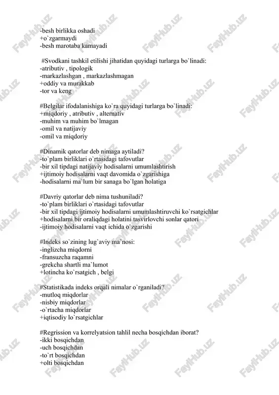 hodisalarni ma`lum bir sanaga bo`lgan holatiga #davriy qatorlar deb nima tushuniladi? -to`plam birliklari o`rtasidagi tafovutlar -bir xil tipdagi ijtimoiy hodisalarni umumlashtiruvchi ko`rsatgichlar +hodisalarni bir oraliqdagi holatini tasvirlovchi sonlar qatori -ijtimoiy hodisalarni vaqt ichida o`zgarishi #indeks so`zining lug`aviy ma`nosi: -inglizcha miqdorni -fransuzcha raqamni -grekcha shartli ma`lumot +lotincha ko`rsatgich , belgi #statistikada indeks orqali nimalar o`rganiladi? -mutloq miqdorlar -nisbiy miqdorlar -o`rtacha miqdorlar +iqtisodiy lo`rsatgichlar #regrission va korrelyatsion tahlil necha bosqichdan iborat? -ikki bosqichdan -uch bosqichdan -to`rt bosqichdan +olti bosqichdan #dinamik qatorlarni tahlil qilish ko`rsatgichlari: -variatsion kenglik , o`sish sur`ati , 1% o`sishning mutloq miqdori -o`sish sur`ati , korreksion koeffesent -mutloq o`sish sur`ati , qo`shimca o`sish sur`ati , o`rtacha xatolik +mutloq , qo`shimcha o`sish , o`sish sur`ati , 1% qo`shimcha o`sishning mutloq miqdori #asosiy faoliyatdan olingan foyda – bu: -mahsulotni sotishdan olingan sof tushum minus sotilgan maxhsulot tannarxi -mahsulotni sotishdan sof tushum , minus korxonalarning barcha xarajatlari -davr xarajatlari minus moliyaviy xarajatlar +mahsulotni …