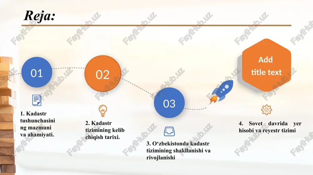 tr tizimi quyidagi asosiy vazifalarni bajaradi: yer va mulkni boshqarish – yer resurslaridan oqilona foydalanish, ularni to‘g‘ri taqsimlash va muhofaza qilish imkonini beradi. soliq siyosatini amalga oshirish – kadastr ma’lumotlari asosida yer va mulk soliqlari hisoblab chiqiladi, bu esa davlat byudjetini shakllantirishda muhim manba hisoblanadi. shaharsozlik va rejalashtirish – yangi uy-joylar, yo‘llar, infratuzilmalarni qurishda kadastr ma’lumotlaridan foydalaniladi. atrof-muhitni muhofaza qilish – tabiiy resurslar holatini nazorat qilish va ekologik barqarorlikni ta’minlashda kadastr ma’lumotlari asosiy manba bo‘lib xizmat qiladi. investitsion muhitni yaxshilash – aniq va ishonchli kadastr tizimi xorijiy va mahalliy investorlar uchun kafolatli ma’lumot beradi. kadastr tizimining kelib chiqishi insoniyat tarixining eng qadimgi davrlariga borib taqaladi. yer resurslarini o‘lchash, hisobga olish va soliqqa tortish zarurati jamiyat taraqqiyoti bilan bir paytda paydo bo‘lgan. dastlab kadastr elementlari davlat hokimiyatining iqtisodiy asosini mustahkamlash va mulkchilik munosabatlarini tartibga solish maqsadida shakllangan. kadastr tizimining kelib chiqish tarixi qadimgi misrda (mil. avv. iii ming yillik) nil daryosi …