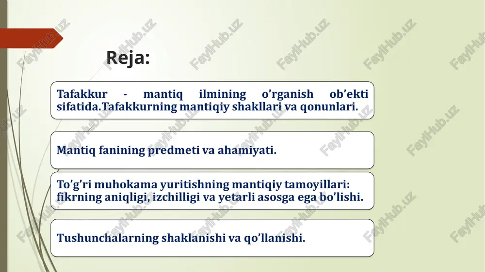 tika”, “sofistik raddiyalar”, “metafizika”, “ruh tahlili” kabi asarlarida. aristotel uni “logika” emas “analitika” deb ataydi. mantiq shakllari formal mantiq noformal mantiq nazariy mantiq amaliy mantiq noan’anaviy mantiq zamonaviy mantiq an’anaviy mantiq formal mantiq – tafakkurning strukturasini fikrning konkret mazmuni va taraqqiyotidan chetlashgan holda nisbatan mustaqil ravishda olib oʼrganadi, uning diqqat markazida muhokamani toʼgʼri qurish bilan bogʼliq qoidalar va mantiqiy amallar yotadi. noformal mantiq (informal logika) – tabiiy tilda argumentlashni qurish va baholashning nofarmal standartlarini, uni talqin qilishning usullari va mezonlarini ishlab chiquvchi normativ fan. noan’anaviy (noklassik) mantiq – klassik mantiqni tanqid qilish va takomillashtirish bilan birga, uni mukammallashtirish, to‘ldirish va undagi zamonaviy mantiqning asosini tashkil etuvchi g‘oyalarni yanada rivojlantirish natijasida vujudga kelgan mantiqiy nazariyalarning majmuidir. zamonaviy mantiq atamasi xixasrning oxiri – xx asrning boshlarida mantiq ilmi rivojining hozirgi bosqichini ifodalash uchun qo‘llaniladi. bu bosqich yana matematik mantiq va simvolik mantiq terminlari bilan ham ataladi. formal mantiqning o‘rganish predmetini quyidagilar tashkil …