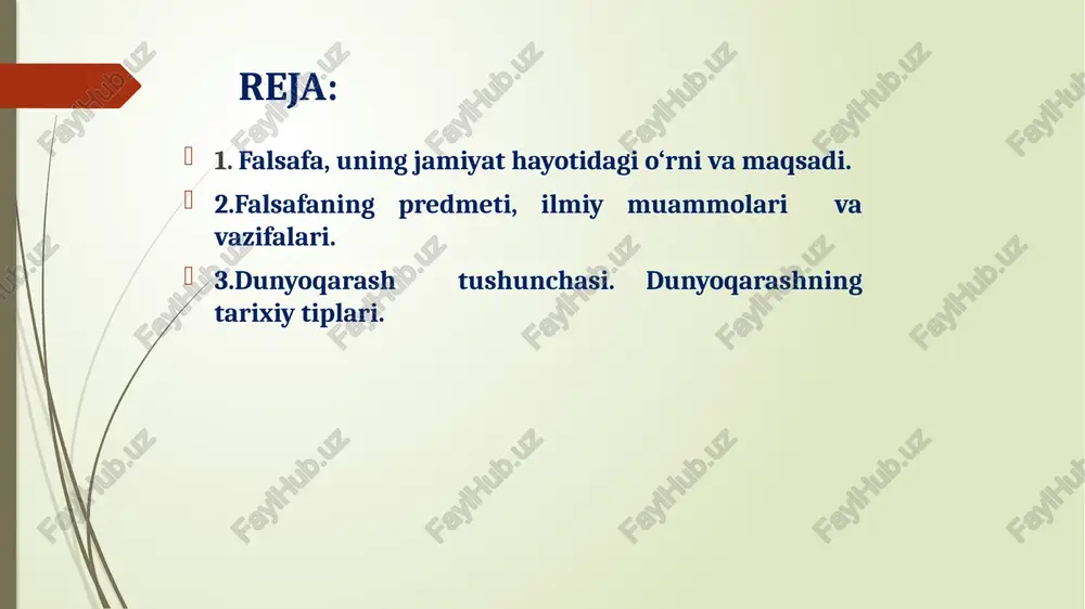 ermazmun va baxtli yashashning barchaga mos keladigan hammabop modeli, maxsus usullari bormi? nima uchun ba’zi insonlarning hayoti, faoliyati o‘zgalarga namuna, ibrat bo‘ladi-yu, ayrim kishilardan tuzukroq iz, biror-bir yaxshilik ham qolmaydi? falsafaning azaliy muammolari bo‘lgan bu kabi savollarga javob topish uchun o‘z umri va salohiyatini bag’ishlagan ne-ne buyuk zotlar mutafakkirlar, allomalar o‘tganlar.bunday masalalar echimini topishda falsafiy tafakkur uslubining boshqa soha bilimlaridan farqi va samaradorligi ma’lum. falsafiy bilimlardan bexabar, undan yiroq bo‘lgan inson tevarak-atrofdagi, jamiyat, narsa-hodisalar va tabiatdagi o‘zgarishlar, yangilanishlarning asosan, tashqi tomonini sezgi a’zolari vositasida idrok qiladi. kelajakda qanday o‘zgarishlargaolib keladi? – kabi savollar ustida bosh qotirmaydi.ushbu savollarga javob berishga imkon yaratadigan falsafiy bilimlar esa odamni fikrlashga majbur qiladi, olam va yashash sirlarini anglashga yordam beradi. lekin, nima uchun bu hodisa sodir bo‘ldi? nima uchun aynan shunday holatda, aynan shu vaqtda va makonda ro‘y berdi? bu tasodifiy hodisami yoki zaruriymi? voqealar rivoji qanday davom etadi? biz yashayotgan olam turli-tuman darajada yaralgan: …