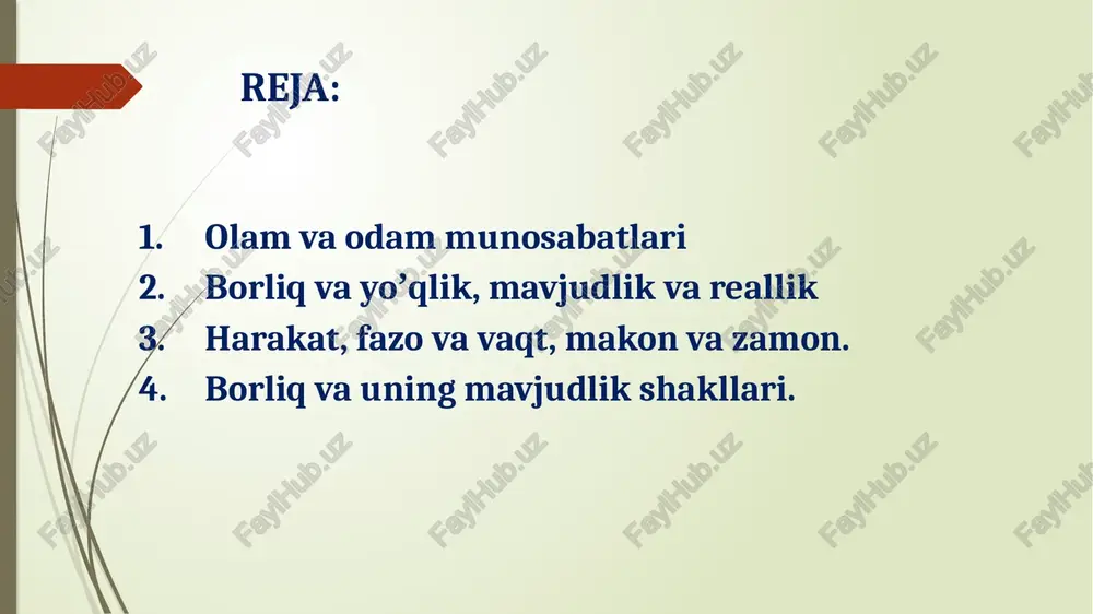 oladigan borliq va mavjudlik, koinot va olam, botiniylik va zohiriylik, borlik va yo‘qlik, materiya va harakat, makon va zamon, cheklilik va cheksizlik, inson va jamiyat borlig‘i bilan bog‘liq masalalarga alohida ahamiyat berilgan. «ontologiya» atamasi borliq haqidagi ta’limot ma’nosida ilk bor rudolf goklenius (1636 yil) va i.klauberg (1646 yil) tomonidan ilmiy muomalaga kiritilgan. lug‘aviy ma’noda u yunoncha “ontos” – borliq va “logos” – ta’limot degan mazmunni anglatadi. ontologiya borliq va yoʼqlik muammolari oʼrganiladi falsafada xvii asrdan buyon ishlatila boshlandi har qanday falsafiy dunyoqarashning negizi hisoblanadi mifologiyaning bosh maqsadi falsafaning bosh maqsadi «borliqni kim yaratgan?» ligi haqida bayon etish «borliq nima? u qaerdan paydo boʼlgan. u qaerga yoʼqolishi mumkin?»ligini oqilona tushuntirish borliqqa munosabat: yo‘qlik yo‘qlik hech nima demakdir. hamma narsani hech narsaga aylantiruvchi, hamma narsaning ibtidosi ham, intixosi ham yo‘qlikdir. bu ma’noda yo‘qlik cheksizlik, nihoyasizlik va mangulik bilan birdir. yo‘qlik chekingan joyda borliq borliq yo‘qlikdan yo‘qlikkacha bo‘lgan mavjudlikdir. yo‘qlikni hech narsa bilan …