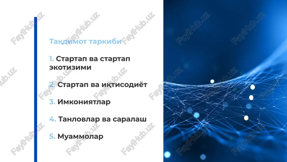 h va ekspert qo'llab-quvvatlash orqali startapni jadal rivojlanish dasturini taklif etuvchi xizmat turi. the big small impacts startap va iqtisodiyot ‹#› 16 yangi texnologiyalar an'anaviy kompaniyalar mavjud texnologiyalar asosida ilmiy-tadqiqot ishlariga sarmoya kiritadilar. startap korxonalar ko'proq yangi texnologiyalarga va zamonaviy yangiliklarga ko'proq e'tibor qaratishadi. yangi bozorlar elektr transport vositalarining global eksporti 2019 yilda 25,7 milliard aqsh dollarini tashkil etdi. ish bandlikni oshirish 1977 yildan 2005 yilgacha mavjud bo'lgan aqsh kompaniyalari yiliga 1 million ish joyi kamayishi tendentsiya ega bo'lgan. startap korxonalar yiliga o'rtacha 3 million ish bilan ta'minlandi. shahar infrastrukturasiga bevosita ta'sir startaplar bevosita ular yashaydigan shaharlarga ta'sir qiladi. alibaba xanchjou qanday ta'sir qilganini, microsoft redmondni va google mauntin-vyuni qanday o'zgartirganini ko'ring. startap faoliyati va iqtisodiyot vazirlar mahkamasining 2020 yil 9 martdagi 133-son qarorining 2-ilovasi bilan “startap” loyihalarni tasdiqlash, moliyalashtirish va amalga oshirish tartibi to'g'risida”gi nizom tasdiqlangan tanlovlar va saralash ‹#› ‹#› ‹#› ‹#› ‹#› abdumalikk94@gmail.com | +99 876 03 …
