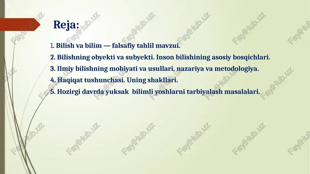 rdamida amalga oshiriladi inson qoʼlga kiritadigan axborotning eng oliy darajasi yangi, ilgari nomaʼlum boʼlgan narsani yaratishga yoʼnalgandir 8 bilish – odam ongida hayot haqiqatining faol maqsadli aks etish jarayoni. bilish jarayonida maishiy hayotning har xil qirralari koʼrinadi, narsalarning ichki va tashqi mohiyati ochiladi. tashqi olam koʼrinishlari, shuningdek, bilish faoliyati subʼekti odam odamni, yaʼni oʼzini-oʼzi tadqiq qiladi. zamonaviy gnoseologiya gnostitsizm tamoyillariga asoslanadi. odamning bilish turlari odam tashqi olamni bevosita oʼzi yoki olam uchun yangi narsani kashf etadi. odam tashqi olamni bilishni ajdodlar bilish natijalari orqali oʼrganadi (kitob oʼqiydi, oʼrganadi, moddiy va maʼnaviy madaniyat yangiliklariga yaqinlashadi) bilish masalasiga qarashlar: gnostitsizm tarafdorlari bilishning hozirgi holati va kelajagiga optimistik ruhda qaraydilar. ularning fikricha, olam – oʼrganiladi, odam esa, bilish uchun cheksiz imkoniyatlarga ega. ular bilishni jarayon deb biladilar, buning natijasida ongda olamni aks ettirish bilan oʼz-oʼzini oʼrganadi. agnostitsizm tarafdorlari insonning olamni bilish imkoniyatlariga yoki umuman bilish mumkinligiga ishonmaydi yoki olamni qisman bilish mumkin deb …