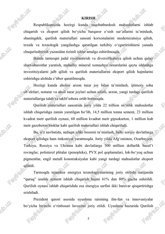 i natijasida “quruq” usulda sement ishlab chiqarish hajmi 61% dan 80% gacha oshirildi. qurilish oynasi ishlab chiqarishda esa energiya sarfini ikki baravar qisqartirishga erishiladi. prezident qarori asosida uyushma raisining ilm-fan va innovasiyalar bo‘yicha birinchi o‘rinbosari lavozimi joriy etildi. uyushma huzurida qurilish materiallari sanoati ilmiy-texnikaviy kengashi tuzilib, uning asosiy vazifalari belgilab berildi. bu kengash faoliyati muntazam yo‘lga qo‘yilgan bo‘lib, hozir mdf plitalar, modifikasiyalangan serobeton, yuqori sifatli sement klinkerlari, polivinilxlorid buyumlar, shuningdek, bazal’t, zoloshlak va texnogen chiqindilardan zamonaviy qurilish materiallarini ishlab chiqarish texnologiyalarini yaratishga qaratilgan innovasion loyihalarni amaliyotga tatbiq etishga kirishilgan. bunga 14 ta ilmiy-tadqiqot, 7 ta oliy ta’lim muassasasi, “yashnobod” innovasion texnoparkining 4 ta rezidenti va 2 ta startap tashkilot, jami 26 ta ilmiy-innovasion faoliyat sub’ekti jalb etilgan. ta’kidlash joizki, hozirgi kunda ilmiy faoliyatga oid davlat dasturlari doirasida qurilish materiallari yo‘nalishi bo‘yicha umumiy qiymati 16,2 milliard so‘mdan iborat 34 ta ilmiy-tadqiqot, innovasion va startap loyiha amalga oshirilmoqda. 2019-2020 yillarda uyushma huzuridagi …