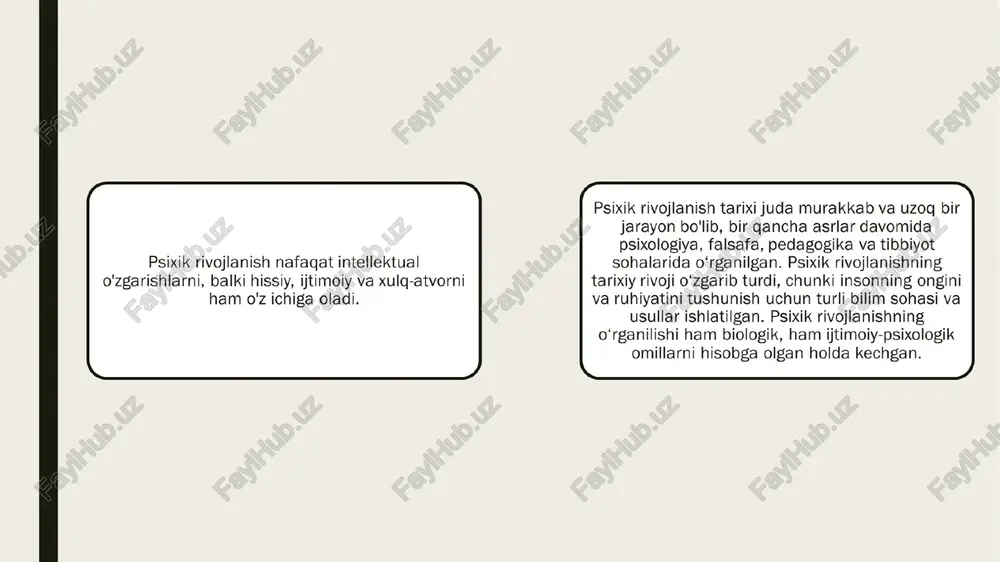 jean piaget bolalar psixik rivojlanishining bosqichlarini aniq ajratgan. u, masalan, bolalar qobiliyatlarini aqlan o‘zlashtirish, ob'ektlarni aniqlash va tasavvur qilish, mantiqiy fikrlash kabi rivojlanish bosqichlariga bo‘lishga harakat qilgan. piagetning asosiy g‘oyasi shundan iboratki, bolalar ongining rivojlanishi fazaviy (yoki bosqichma-bosqich) bo‘lib, ular dunyoni faol ravishda o‘rganadilar. lev vygotskiy esa bolalar psixikasining rivojlanishiga jamiyat va madaniyat ta'sirini o‘rganishga katta e'tibor qaratgan. u shuningdek, sohbatli o‘rganish (scaffolding) tushunchasini kiritgan, ya'ni bolalar kattalar yordamida o‘z bilimlarini rivojlantiradilar. psixik rivojlanish nazariyalarining shakllanishi erik erikson (1902–1994) o‘zining shaxsiyat rivojlanishi nazariyasi bilan mashhur. u shaxsiyat rivojlanishining to‘rt bosqichini ajratgan va har bir bosqichda o‘ziga xos psixologik mojarolar va vazifalarni ko‘rsatgan. masalan, erishilgan identifikatsiya va ixtiyoriy rivojlanish kabi tushunchalar unga tegishli. john bowlby va mary ainsworth esa bolaning ona bilan bog‘lanishining ahamiyatini o‘rganganlar. bowlby, bolalar o‘rtasidagi bog‘lanishning (attachment) psixik rivojlanish uchun muhimligini ta'kidladi. hozirgi zamon: psixik rivojlanish va neyropsixologiya hozirgi kunda psixik rivojlanishni o‘rganish uchun neyropsixologiya, genetik psixologiya, ijtimoiy …