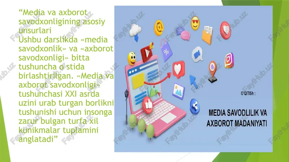 kda. demak, media va axborot savodxonligi kunikmalari xam uzluksiz tarzda takomillashib borishi lozim.” “tugri, bitta odam media va axborot savodxonligiga oid barcha kunikmalarni egallashi kiyin masala, birok xar bir odam uz kunikmalarini uzluksiz yangilab borish uchun mas’uldir. media va axborot savodxonligiga oid kunikmalarimizni faol namoyon kilganimiz sayin media va ularning tuzilmalarining moxiyatini yana xam chukurrok tushunamiz.” “media va axborot savodxonligiga oid shaxsiy kunikmalarni rivojlantirishning eng yaxshi usuli — boshkalar bilan media borasidagi uz fikrlari bilan urtoklashishdir. media va axborot savodxonligi mediani taxdil kilish bilan boglik faoliyatga nisbatan kullaniladigan bir nechta atamalardan birigina xolos.” “shu ma’noda, shuningdek, media kunikmalar, media tankvd, yoki media tili atamalari tugrisida xam fikr yuritish mumkin.” “bu atamalarning barchasi foydalanuvchining analitik va texnik kunikmalari xamda uz media takdimotlarni yaratish borasidagi kunikmalari bilan uzviy boglangan. uz media kontentini ishlab chikish — boshkalar tomonidan yaratilgan kontentni taxdil kilishni urganishning eng yaxshi usulidir.” e’tiboringiz uchun rahmat image1.jpeg image2.jpeg image3.jpeg image4.jpeg …