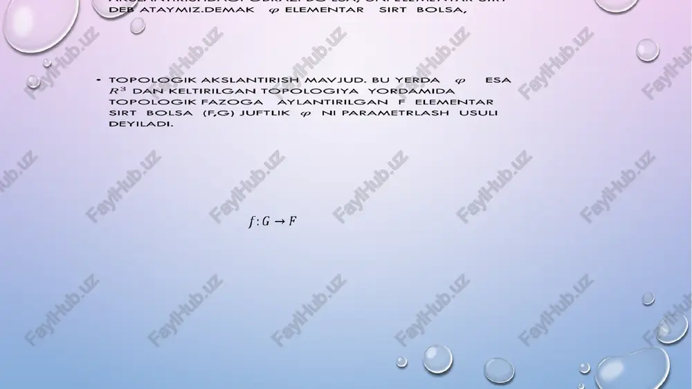 arning topologik xususiyatlari bo‘yicha keng qamrovli ma’lumotlar. 4.o’neill, b. elementary differential geometry, academic press, 2006. — parametrik va implicit berilish usullari, sirtlarning differensial geometriyasi. image3.png image5.png image6.png image7.png image8.png image9.png image10.png image1.png "lav1iagd iinsn hsvtalawvavd in ® »nmlanl (944) vstod luis yvlnaw41d 4 nvomuilnviay voozv4 mioo1odol vdiwvgyoa vaido1odol nvomuiliay nv oy vs & vaasa nd ‘gnfavw hsiilnvisav hido10dol « ‘vs1o4 lais avlniw31a ® mvwac'ziwavlv 94d lys yvlniwit7i inn ‘vs1,09 izvado iovghsiailnvisnv ado1odol oninvhos aavlnaw431s wv1d,o1 4 iovgozvs4 « f:g>f elementar sirt uchun cheksiz kop parametrlash usullari mavjuddir.birorta toplamning elementar sirt ekanligini korsatish uchun uning birorta parametrlash usulini korsatish kerak . agar @ sirt (f,g) parametrlash usuli bilan berilib , (u,v) € g uchun f (u,v) nuqtaning kordinatalari x(u,v) ,y(u,v) ,z(u, v)lar bolsa x = x(u,v) y = ylu,v) z= z(u,v) sistema @ sirtning parametrik tenglamaning sistemasi deyiladi. fazodagi bog’lanishli @ toplamga tegishli xar bir nuqtaning birorta atrofida @ elementar sirtga …