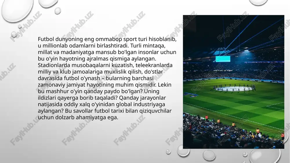 i) o'rta asrlarda angliyada "folk football" yoki "mob football" (xalq futboli) deb nomlangan o'yin paydo bo'ldi. bu o'yin xii-xiii asrlarda mashhur bo'lib, unda ikki qishloq yoki shahar aholisi qatnashgan. o'yinning qat'iy qoidalari yo'q edi. ko'pincha o'yinda yuzlab ishtirokchilar qatnashib, koptokni raqib qishloqqa yoki shaharning markaziy maydoniga yetkazishga harakat qilishgan. "folk football" juda shafqatsiz va tartibsiz bo'lgan. jarohatlar, hatto o'limlar ham yuz bergan. shuning uchun 1314-yilda angliya qiroli eduard ii bu o'yinni taqiqlovchi farmon chiqargan. keyinchalik, eduard iii, richard ii, genrix iv va boshqa qirollar ham bu taqiqni davom ettirgan. lekin taqiqlarga qaramasdan, xalq o'rtasida bu o'yin o'ynalishda davom etgan. italiyaning florentsiya shahrida xvi asrda "calcio fiorentino" (florentsiya koptok o'yini) nomli o'yin mashhur bo'lgan. bu o'yin hozirgi futbol, regbi va amerikacha futbolning aralashmasiga o'xshaydi. unda 27 kishidan iborat ikki jamoa ishtirok etgan. o'yin qoidalari hozirgi futbolga nisbatan ancha erkin bo'lib, qatnashchilar koptokni qo'llari va oyoqlari bilan uzatishlari, shuningdek, raqiblarini ushlab to'xtatishlari …