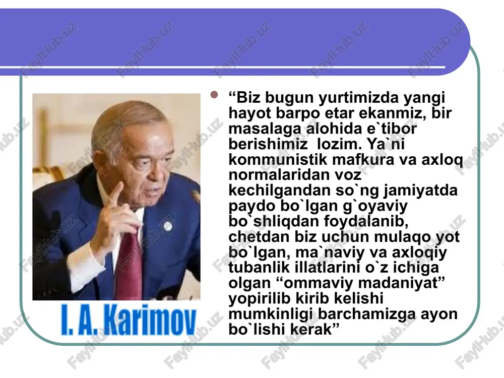 n bo`lishi sifatida talqin qilinadi. globallashuvga prezidentimiz i.a.karimov fenomen sifatida quyidagicha izoh beradi: “… bu atama bugungi kunda ilmiy falsafiy, hayotiy tushuncha sifatida juda keng ma`noni anglatishini ta`kidlash lozim. umumiy nuqtai nazardan qaraganda, bu jarayon mutlaqo yangicha ma`no-mazmundagi xo`jalik, ijtimoiy-siyosiy, tabiiy-biologik global muhitning shakllanishi va shu bilan birga, mavjud milliy va mintaqaviy muammolarning jahon miqyosidagi muammolarga aylanib borishini ifoda etmoqda”. globallashuv jarayonida dunyo miqyosida odam savdosi prezidentimizning “mavjud milliy va mintaqaviy muammolarning jahon miqyosidagi muammolarga aylanib borishini ifoda etmoqda”, degan ta`kidi globallashuv jarayonida dunyo miqyosida odam savdosining rivojlanishini, terrorizm, narkobiznes va diniy ekstremizmning kuchayishini, global iqtisodiy-moliyaviy inqirozni, global tabiiy muammolarni, tabiiy energiya resurslarining noto`g`ri taqsimlanishini va shu kabilarni o`z ichiga qamrab oladi. globallashuvga fenomen sifatida ushbu ta`riflarda prezidentimiz islom karimovning globallashuvga fenomen sifatida bergan ta`rifidagi ijtimoiy hodisalar ta`kidlanayotgan bo`lsa-da, globallashuvga “o`zaro aloqa va o`zaro bog`liqlikning chuqurlashuvi” asosidagi ijtimoiy holat sifatida yondashishi ko`proq namoyon bo`lmoqda. “millatni asrash kerak” prezidentimiz “millatni asrash …