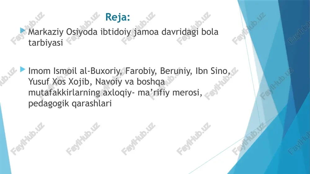 bor beradi. u o’zining “baxt- saodatga erishuv haqida” , “fanlarning tasnifi” , “ falsafani o’zganishdan oldin nimani bilish kerakligi to’g’risida” , “ilmlar va sanatlar fazilati” kabi ko’plab risolalarida insonning ma’naviy rivojlanishi ilm ma’rifatga bog’liqligini ta’kidlaydi. abu rayhon beruniy bilim umuminsoniy qadiryatlarni o’rganishning kaliti ekanligini alohida ta’kidlaydi. ilm- ma’rifatli odam jamiyat taqdiri, insonlar taqdiri uchun kurashuvchan, kurashuvchan, barcha yomonliklardan uzoqdir. “ilmning foydasi ochko’zlik bilan oltin- kumush to’plash uchun bo’lmay, balki u orqali inson uchun zarur narsalarga ega bo’lishdir” . umuman, abu rayhon beruniy ilm- fanning buyuk homiysi va muxlisi sifatida mamlakatning obodonchiligi ilm- fanning gullashida, odamning baxti esa uning bilim va ma’rifatida deb bildi. yaratgan asarlarida u ta’lim- tarbiyaga doir she’r va hikmatlardan misollar keltirib, ular orqali har bir inson o’z qalbining farmoyishiga ko’ra xayr- ergulikka intilishi, sun’iy obro’, shuhrat qozonish uchun muruvvat va sharofat ko’rsatmasligi kerakligni ta’kidlaydi yusuf xos hojibning “qutadg’u bilig” asarida aqliy , axloqiy , mehnat, jismoniy va …