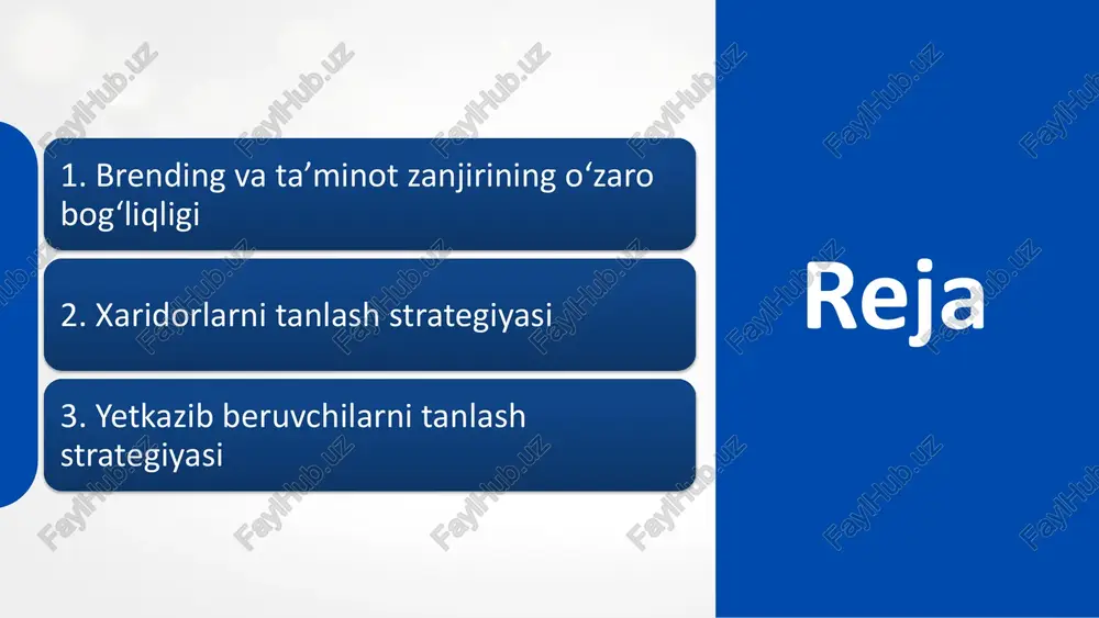 masa: mahsulot kechikadi → mijozlar norozilanadi; mahsulot sifati pasayadi → brendga ishonch yo‘qoladi; narxlar oshadi → bozordagi raqobatbardoshlik yo‘qoladi. agar ta’minot zanjiri barqaror bo‘lsa: mijoz har doim o‘z vaqtida sifatli mahsulot oladi; brendga sodiqlik oshadi; brend bozorda ishonchli va kuchli imijga ega bo‘ladi. misol: apple o‘zining yuqori sifatli brendi uchun kuchli, ishonchli va innovatsion ta’minot zanjiri yaratgan. har bir yetkazib beruvchi brend qadriyatlariga mos tanlanadi. xaridorlarni tanlash strategiyasi brend muvaffaqiyati ko‘p jihatdan to‘g‘ri xaridor auditoriyasini tanlashga bog‘liq. buning uchun kompaniya o‘zining mahsuloti, qadriyatlari va bozor strategiyasiga mos keladigan xaridor segmentlarini aniqlashi va ularga yo‘naltirilgan marketing harakatlarini amalga oshirishi kerak. to‘g‘ri auditoriyani tanlash brendning bozordagi o‘rni va qiymatini oshiradi. maqsadli auditoriyani aniqlash (segmentatsiya) bu bosqichda kompaniya bozorni turli guruhlarga bo‘lib, o‘z mahsulot yoki xizmatiga mos auditoriyani tanlaydi. segmentatsiya quyidagi mezonlar asosida amalga oshiriladi: demografik (yosh, jinsi, daromad darajasi, kasb, ta’lim) geografik (shahar, mintaqa, mamlakat) psixografik (hayot tarzi, qadriyatlar, qiziqishlar) xulq-atvoriy (xarid …