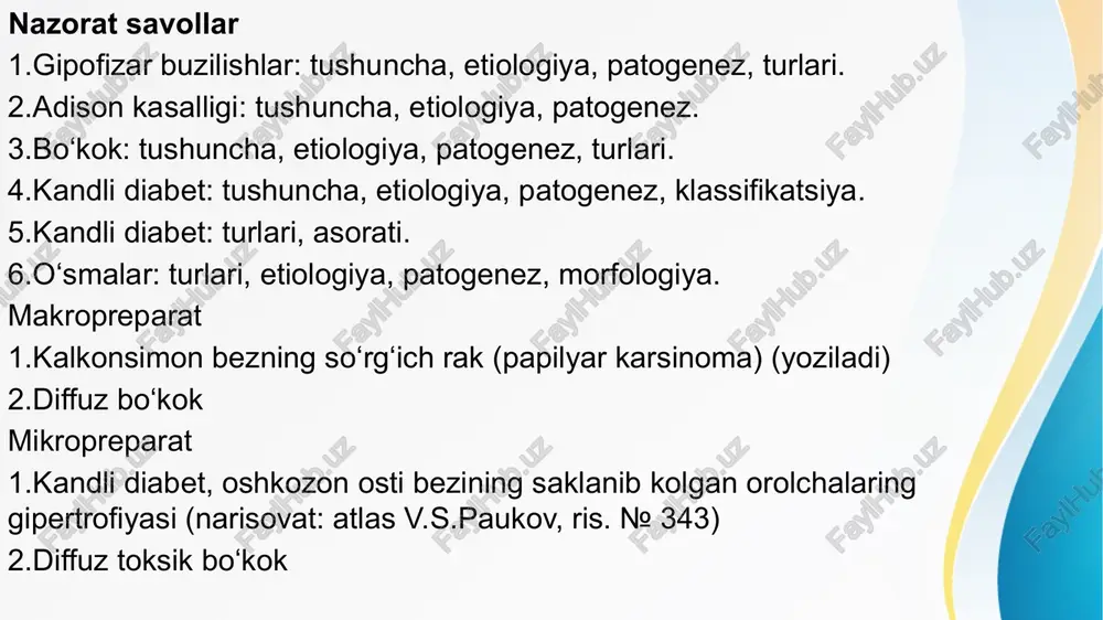 gik uzgarishlar orkaga kaytadi. makroskopik kalkonsimon bez siyrak, tulakonlik, sekreti suyuk, kup mikdorda istiskoli, kizgish-jigarrang rangda bulib, gushtni eslatadi. mikroskopik uzgarishlar: 1) epiteliy 2) kolloid 3) stromada kuzatiladi. follikulalar epiteliysini tsilindr xujayrali metamorfozi tipik xisoblanadi, normada u erda epiteliy - kubsimon yoki yassi buladi. epiteliy va ostki stromani follikulalar ichiga usishi kuzatilib, ba'zan ushbu joyda ular surgichsimon kurinishda usib, adenomaga uxshab bezni atipik tuzilish olishiga olib boradi, follikulalarni sekretsiya kiluvchi yuzasi ortadi. kolloidi kamayadi, vakuolizatsiyasi xarakterli buladi. bazedov kasalligi uchun bez stromasida limfoid tukimalarni follikular va diffuz yirik xujayrali infiltratlar kurinishida rivojlanishi xarakterlidir. endemik bukok. tuprok, suvda yod moddasini etarli bulmagan tumanlar bukok buyicha endemik uchog xisoblanadi («endemos»- ma'lum joylarni patologiyasi). bu uchoklarni axolilarida endemik bukok kalkonsimon bezni diffuz yoki tugunsimon kattalashuvi bilan namoyon buladi. u bolalarda jismoniy va akliy jixatdan orkada kolishiga sabab buladi. etiologik omillar sifatida kuyidagilarni aytish mumkin. 1. ovkat va suvda yodni etishmasligi 2. organizmni yodni …