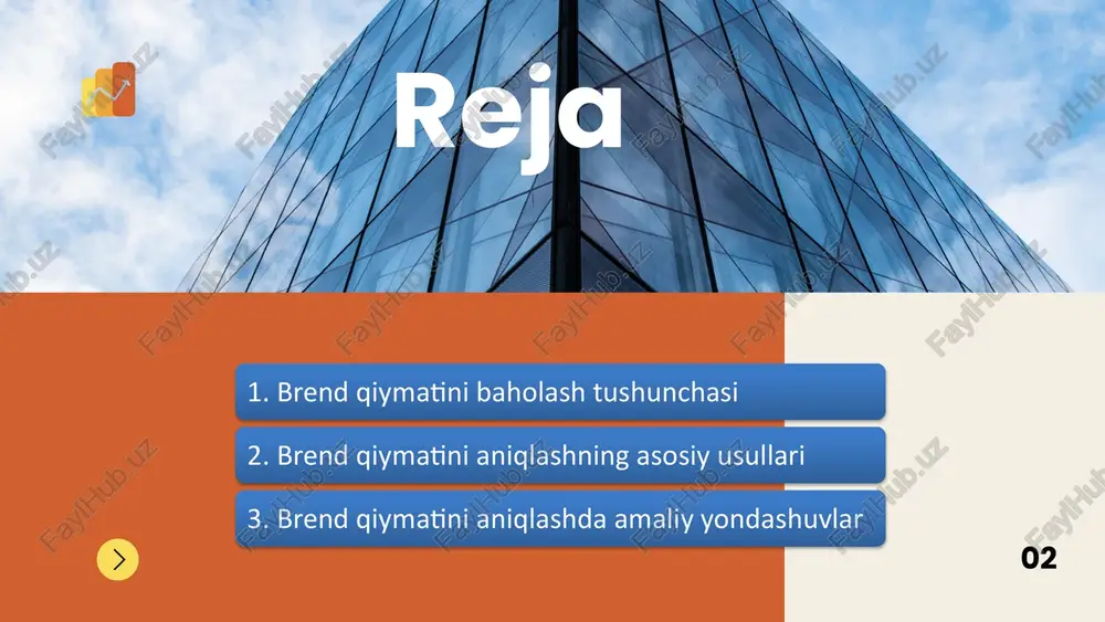 arajat asosidagi yondashuv (cost-based approach) bu usulda brendni yaratish, rivojlantirish va saqlab qolishga qaratilgan umumiy xarajatlar hisobga olinadi. masalan: reklama xarajatlari, dizayn, marketing kampaniyalari va boshqalar. kamchiligi: brendning haqiqiy bozordagi ta’siri yoki daromad keltirish imkoniyatini aks ettirmaydi. 2.1.2. bozor asosidagi yondashuv (market-based approach) brendning bozor sharoitida qancha turishini aniqlashga asoslanadi. brendning narxi uni sotib olish yoki litsenziyalash amaliyotlariga qarab belgilanadi. masalan: agar shunga o‘xshash brend yaqin vaqt ichida sotilgan bo‘lsa, solishtirish mumkin. 2.1.3. daromad asosidagi yondashuv (income-based approach) brend kelajakda keltirishi mumkin bo‘lgan daromadlar asosida baholanadi. eng keng tarqalgan shakli: diskontlangan pul oqimlari (discounted cash flow – dcf) usuli. kelajakdagi daromadlar hozirgi qiymatga keltiriladi, bu esa brendning bugungi bozor bahosini aniqlaydi. 09 aralash yondashuvlar (kombinatsiyalangan metodlar) 2.3.1. interbrand usuli dunyo miqyosida eng mashhur metodlardan biri. 3 asosiy mezon asosida baholaydi: brendning moliyaviy ko‘rsatkichlari brendning mijoz qarorlariga ta’siri brendning barqarorligi (brend kuchi) 2.3.2. brandz va brand finance metodlari brandz — mijozlarning …