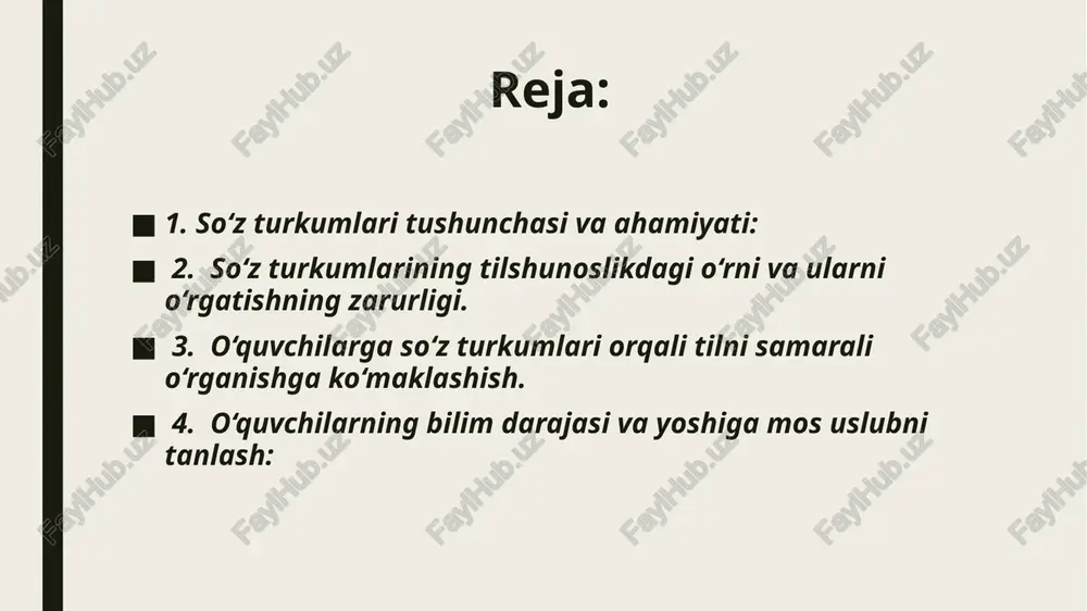 vazifasi va qo‘llanilishiga oid misollar keltirish. 4. interfaol mashqlar va o‘yinlar: • “kim ko‘p topadi?” – o‘quvchilar bergan so‘zlardan turkumlarini ajratish. • kartochkali o‘yinlar – turkumlarga ajratish orqali mashq qilish. • rolli o‘yin – har bir o‘quvchi bir so‘z turkumini ifodalaydi, ular orasida qanday aloqa mavjudligini topish. 5. amaliy mashg‘ulotlar: • matn asosida tahlil: matndagi so‘zlarni turkumlarga ajratish va tahlil qilish. • test va topshiriqlar: har bir so‘z turkumiga oid mashqlar bilan mustahkamlash. o’quvchilarda so’z turkumlarini bilish ko’nikmasi ularning belgilari yig’indisini egallashlari asosida shakllantiriladi. masalan, gul, guldor, gulladi so’zlarining qaysi so’z turkumiga kirishini bilish uchun ii sinf o’quvchisi quyidagicha fikr yuritadi: nima? – gul, bu so’z narsani bildiryapti, ko’plikda qo’llanadi – gullar, bu ot; guldor so’zi qanday? so’rog’iga javob bo’lyapti, narsaning belgisini bildiryapti, bu – sifat; gulladi so’zi nima qildi? so’rog’iga javob bo’lyapti, narsaning holatini bildiryapti, bo’lishsiz shaklda qo’llanadi – gullamadi, bu – fe’l. so’z turkumlarini o’rganishdagi asosiy vazifa o’quvchilarning …