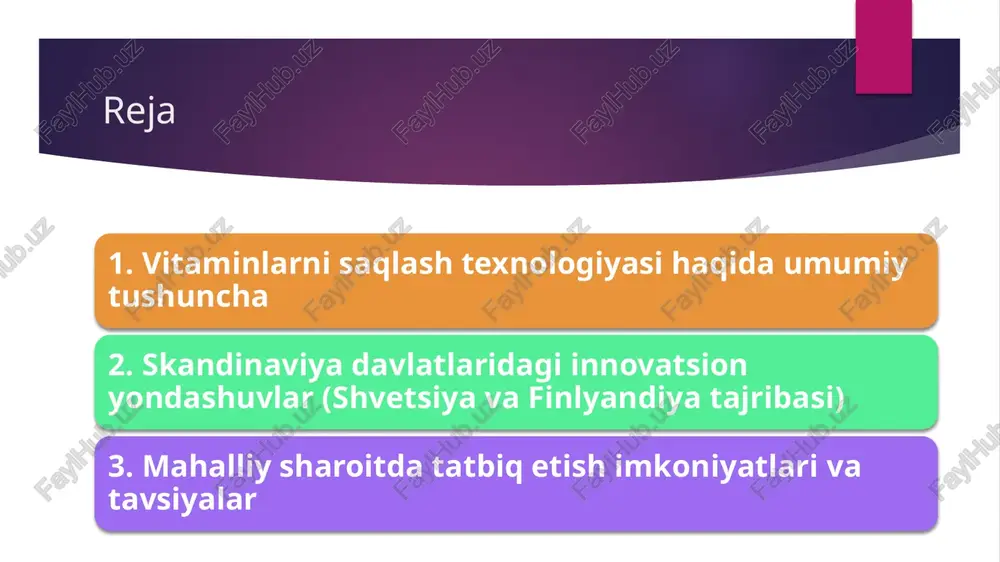 – vitaminlar maxsus mikrokapsulalarga o‘raladi, bu ularni yorug‘lik, kislorod va haroratdan himoya qiladi. smart konteynerlar – harorat, namlik, bosim va yorug‘lik darajasini doimiy kuzatib turadigan sensorlar bilan jihozlangan idishlar. saqlashning amaliy ahamiyati: sifatni saqlash – vitaminlar faol bo‘lmagan holga o‘tmasligi kerak. xavfsizlik – buzilgan vitaminlar foydasiz yoki zararli bo‘lishi mumkin. iqtisodiy samaradorlik – saqlashni to‘g‘ri yo‘lga qo‘yish orqali isrofning oldi olinadi. export salohiyati – xalqaro talabga javob beradigan sifatli vitaminlar ishlab chiqarish imkonini beradi. skandinaviya davlatlaridagi innovatsion yondashuvlar (shvetsiya va finlyandiya tajribasi) skandinaviya davlatlari — xususan shvetsiya va finlyandiya — sog‘liqni saqlash, farmatsevtika va oziq-ovqat xavfsizligi sohasida eng ilg‘or texnologiyalarni qo‘llaydigan mamlakatlar sirasiga kiradi. bu davlatlar vitamin va biologik faol moddalarni saqlashda ekologik, energiya tejamkor va raqamli yechimlarni birlashtirgan innovatsion usullardan foydalanadi. shvetsiya tajribasi shvetsiya farmatsevtika sanoatida vitaminlar saqlash jarayoniga aqlli texnologiyalar, sensorli monitoring tizimlari, va ekologik muhofaza qilingan qadoqlash usullarini joriy qilgan. asosiy innovatsiyalar: 🧊 smart konteynerlar: harorat, yorug‘lik …