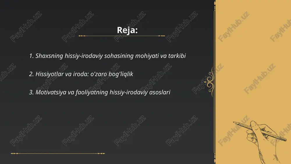 rchoq motivatsiyani pasaytiradi. ... t.me/slaydai_bot hissiy barqarorlik va stressga chidamlilik: his-tuygʻularni boshqarish, tez tiklanish va tashqi bosimlarga moslashish qobiliyati. komponentlari: emotsional regulyatsiya, muammolarni hal etish, ijtimoiy qoʻllab-quvvatlash va optimizm. belgilari: hissiy tebranishlarning kamayishi, ish samaradorligi va qaror qabul qilishda barqarorlik, tez qayta tiklanish. rivojlantirish usullari: nafas mashqlari, kognitiv qayta baholash, muntazam jismoniy faollik, stressni boshqarish treninglari va faol ijtimoiy aloqalar. ... t.me/slaydai_bot 1. iroda qarorlarni amalga oshirishga majbur qiladi, niyatni harakatga aylantiradi. 2. emotsiyalar ustidan nazorat qilib impulsiv qarorlarni kamaytiradi. 3. uzoq muddatli maqsadlarni tanlash va ustuvorlik belgilashga yordam beradi. 4. xatar va noaniqlikni baholashda qat'iylikni ta'minlaydi. 5. mas'uliyatni o'z zimmasiga olish va natijalar uchun barqarorlik yaratadi. 6. qiyinchiliklarda chidamlilik va rejalashtirilgan strategiyani qo'llashga undaydi. ... t.me/slaydai_bot maqsad qo'yish va intilishlarning hissiy-irodaviy jihatlari shaxsning motivatsiyasi, emotsional baholashi va irodaviy nazoratini o'z ichiga oladi. maqsadlar muhimlik hissi va qiziqishni uyg'otadi, umid, intilish va ruhiy kuch bilan bog'lanadi. qiyinchiliklarda chidamlilik, frustratsiyani boshqarish, …