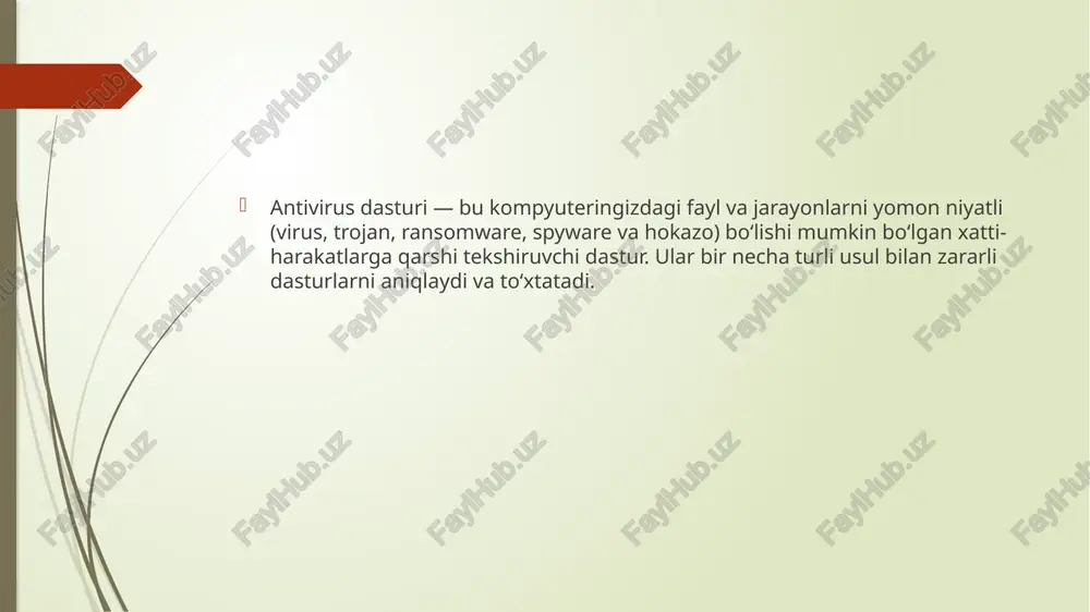 adi (o‘qilmaydigan qilib), sistemani himoya qiladi. delete (o‘chirish) — xavf aniq bo‘lsa o‘chiradi. repair (ta’mirlash) — imkon bo‘lsa fayldan zararli kodni olib tashlaydi. alert — foydalanuvchiga xabar beradi, nima qilishni so‘raydi. cheklovlari va xatarlar imzoga asoslanganlar yangi (0-kun) hujumlarni ko‘rmay qolishi mumkin. heuristika yoki ml ba’zida noto‘g‘ri ogohlantirish beradi. foydalanuvchi yangilamas (imzo bazasi yangilanmasa) yoki nomaʼlum manbalardan dastur yuklab olinsa — xavf yuqori. oddiy maslahatlar (himoyalanish uchun) antivirus va uning imzo bazasini doimo yangilab turing. operatsion tizim va dasturlarni yangilang. shubhali fayllarni ochmang; nostandart manbalardan dastur o‘rnatmang. muhim fayllarni zaxira (backup) qilib qo‘ying. phishing va shubhali linklarga ehtiyot bo‘ling. dastur yuklab olish rasmiy saytga kiring: https://www.kaspersky.com “download” bo‘limidan kaspersky standard / plus / premium versiyalaridan birini tanlang. fayl yuklab olingandan so‘ng uni ishga tushiring. o‘rnatish “install” tugmasini bosing. dastur avtomatik tarzda fayllarni o‘rnatadi (bu 5–10 daqiqa davom etadi). yakunda “finish” yoki “launch kaspersky” ni bosing. faollashtirish sizdan aktivatsiya kodi (20 …