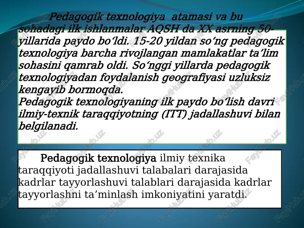 – ommaviy ta’lim sharoitida ta’lim jarayonining zaruriy samaradorligini ta’minlash va talabalar tomonidan o‘qishning ko‘zlangan natijalariga erishish kafolatidan iboratdir. pedagogik texnologiyaning bosh vazifasi – ommaviy ta’lim sharoitida «oddiy» pedagoglarga o‘qitishning yetarli samarasiga erishishni ta’minlovchi, o‘quv jarayonini yaratish hisoblanadi. pedagogik texnologiyaning predmeti – o‘quv jarayoining o‘zi hisoblanadi. pedagogik texnologiyaning obyekti –o‘quv jarayonining tarkibiy qismlari hisoblanadi. pedagogik texnologiya o’quv jarayoni maqsadi ommaviy ta’lim sharoitida ta’lim jarayonining zaruriy samaradorligini ta’minlash va talabalar tomonidan o‘qishning ko‘zlangan natijalariga erishish kafolatidan iboratdir. obyekti o‘quv jarayonining tarkibiy qismlari vazifasi ommaviy ta’lim sharoitida «oddiy» pedagoglarga o‘qitishning yetarli samarasiga erishishni ta’minlovchi, o‘quv jarayonini yaratish hisoblanadi. predmeti pedagogik texnologiya atamasi, ishlab chiqarish - texnologik sohasidan olingan, o‘ziga xos ma’lum qoida va tamoyillarga ega bo‘lgan, «texnologiya» tayanch iborasini o‘z ichiga oladi. ishlab chiqarish sohasida, mahsulotni tayyorlash uchun, ishlab chiqarishni tayyorlash talab etiladi, u turli xildagi ilmiy-tadqiqot konstruktorlik, texnologik, tashkiliy-rejaviy tadbirlarni qamrab oladi o‘quv maqsadlarning shakllanish piramidasi tayanch iboraning o‘quv maqsadi bo‘limning o‘quv …