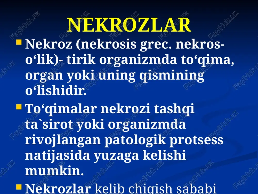 lishi bilan xarakterlanadi. gangrenada o‘lish protsessi chuqurroq va xajmliroqdir. shu sababli davo taktikasi va natijasi prinsipial farq qiladi. gangrena tushunchasi patologoanatomikdan ko‘ra ko‘proq xirurgikdir. 7 gangrenalar klasifikatsiyasi 1. etiologiyasi bo‘yicha: qon tomirlarni jaroxatlash yoki bog‘lab quyish; qon tomirlarning bosilishi; tromboz va emboliyalar; termik va kimyoviy travmalar; to‘qimalar trofikasining buzilishi; xirurgik infeksiyaning buzilishi; obliteratsiyalovchi endarteriit; obliteratsiyalovchi ateroskleroz; diabetik angiopatiya; spetsifik infeksiya (lues). 2. yallig‘lanish chuqurligiga qarab: yuzaki; chuqur; total. 3. klinik kechishiga ko‘ra: quruq gangrena; xo‘l gangrena. 4. anatomik lokalizatsiyasiga ko‘ra: teri qoplamalarida(dermatozlar); qo‘l va oyoqlarda; ichki organlarda gangrena sabablari quruq gangrena quyidagi xolatlarda uchraydi: qon tomirlarning surunkali obliteratsiyalovchi kasalliklarida; kislotadan kuyishlarda. chuqur infeksiyalanmagan termik kuyishlarda xo‘l gangrena quyidagi xolatlarda uchraydi : chuqur trombozlarda (ko‘k va oq flegmoziyalar); ishqorli chuqur kuyishlarda; ifloslangan kuyish va sovuq urishlarda; xirurgik infeksiyaning nekrotik formalarid; ichki organlardagi yirinngli yallig‘lanish jarayonlarida. son yumshoq to‘qimalarning travmatik nekrozi. (transport travmasi) o‘ai-iiib. oyokning ishemik gangrenasi o‘ai-iiib. oyokning ishemik xo‘l gangrenasi …