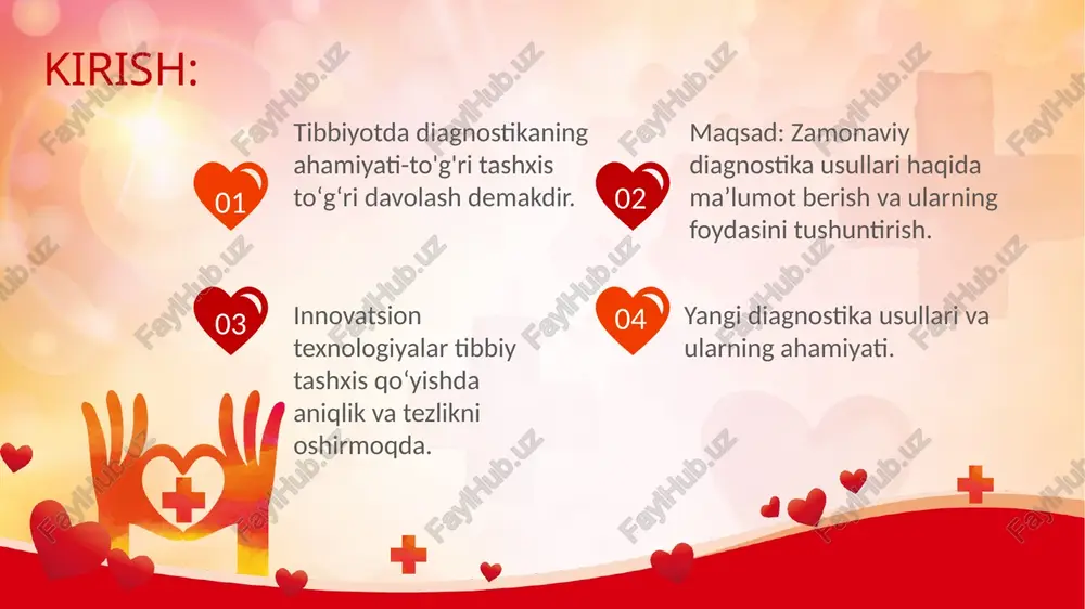 ri orqali genetik moyilliklar aniqlanadi va bu kelajakda yuzaga kelishi mumkin boʻlgan kasalliklarni oldini olishga yordam beradi. 6 amaliyotda qo'llanilishi. yangi diagnostik usullar amaliyotda keng qo'llanilmoqda.ular tez va aniq kasalliklarni aniqlash imkonini beradi. sunʼiy intellekt asosida tahlil qilish,bemorlarga individual yondashuvni taʼminlaydi. genetik diagnostika usullari bemorlarning genetik xususiyatlariga asoslangan davolash rejalarini yaratdi. ushbu diagnostik usullar bemorlarning hayot sifatini yaxshilashga yordam beradi. yangi usullar orqali vaqt tejash va resurslarni samarali ishlatish imkoniyatlari mavjud. bemorlar va shifokorlar uchun bu usullar kasalliklarni erta aniqlash va samarali davolash imkoniyatini beradi. 7 innovatsion diagnostikaning afzalliklari. tez va aniq natijalar. kamroq xatolik. individual yondashuv. erta tashxis -erta davolash. 8 ahamiyati: kasallliklarni erta aniqlash orqali bemorni samarali davolash imkoni yaratadi. jarrohlik amaliyotlari va davolash jarayonlarining xavfsizliigini oshiradi. shifokorlar ishini yengillashtiriadi va tezkor qaror qabul qilish imkonini beradi. bemorlarning hayot sifatini yaxshilaydi va ularning umrini uzaytiradi. sog'liqni saqlash tizimida zamonaviy yondashuvlarni keng joriy etishga yordam beradi. 9 diagnostika turlari. …