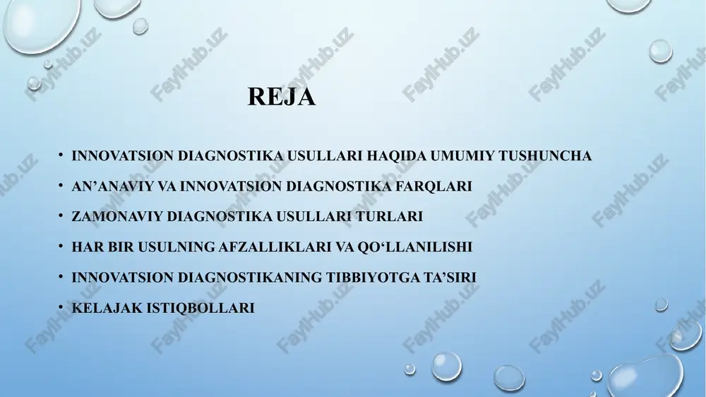 adiologiyada (rentgen, kt, mri tahlili) o‘pka, yurak, miya, ko‘z kasalliklarini aniqlash saratonni erta bosqichda topish robotlashtirilgan laboratoriya tahlillari afzalliklari: avtomatlashtirilgan jarayon – tez va aniq natija tahlil miqdorini oshirish, inson xatosini kamaytirish qo‘llanilishi: qon, siydik, dnk tahlillari katta hajmdagi laboratoriya testlari (masalan, pandemiya davrida) biosensorlar va aqlli qurilmalar (wearable technology) afzalliklari: doimiy monitoring, real vaqt rejimi profilaktika uchun qulay qo‘llanilishi: yurak urishi, qon bosimi, qand miqdorini o‘lchash sport va sog‘liq monitoringi (masalan, apple watch, fitbit) telemeditsina va masofaviy diagnostika afzalliklari: vaqt va joydan mustaqil maslahat olish imkoniyati chekka hududlardagi bemorlar uchun qulay qo‘llanilishi: onlayn konsultatsiya va tahlil natijalarini tahlil qilish kronik kasalliklarni monitoring qilish innovatsion diagnostikaning tibbiyotga ta’siri zamonaviy tibbiyot sohasida yuz berayotgan texnologik taraqqiyotlar diagnostika usullarini ham tubdan o‘zgartirmoqda. innovatsion diagnostika — bu kasalliklarni aniqlashda ilg‘or texnologiyalar, xususan, sun’iy intellekt, genomika, robototexnika, biosensorlar va telemeditsinaga asoslangan yangicha yondashuvdir. ushbu usullar tibbiyot amaliyotiga chuqur ta’sir ko‘rsatmoqda. innovatsion diagnostika tibbiyotga tubdan …