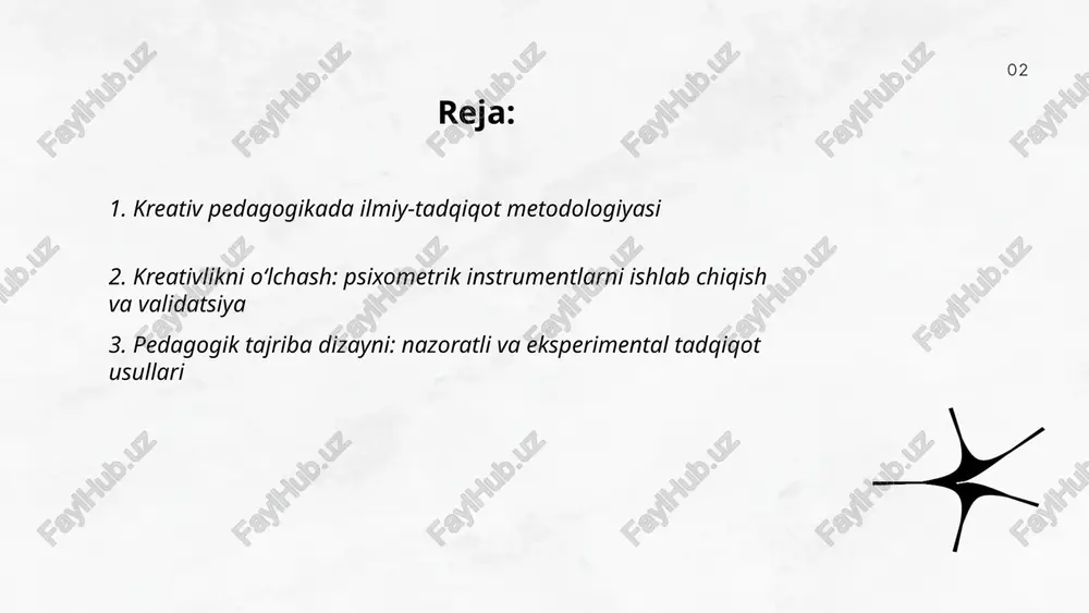 ilik, axloqiy ruxsat, namunani tanlash, statistik tahlillar (t-test, anova, ancova), takrorlash. ... t.me/slaydai_bot aralash usullar kreativ pedagogika tadqiqotlarida sifat va miqdoriy ma'lumotlarni birlashtirib, murakkab ijodiy jarayonlarni chuqur va keng qamrovli o'rganishga xizmat qiladi. asosiy dizaynlar: konvergent, izohlovchi, tadqiqotiy aralashma. bosqichlar: tadqiqot savoli va maqsad, dizayn tanlash, namunaviy tanlov, sifat va miqdoriy ma'lumotlar to'plash, alohida tahlil, integratsiya. integratsiya: triangulyatsiya, birlashtirilgan tahlil. ishonchlilik: metodologik uzviylik, member-checking, kodlash tekshiruvi. qiyinchiliklar: resurs, vaqt, ekspertiza talab etishi. ... t.me/slaydai_bot amaliy tadqiqot o‘qituvchilar va tadqiqotchilar tomonidan dars jarayonidagi muammolarni aniqlash pedagogik innovatsiyalarni sinab ko‘rish va natijalarni baholashga yo‘naltirilgan amaliy faoliyatdir. bosqichlari: muammoni aniqlash reja tuzish innovatsiyani joriy etish kuzatuv va ma’lumot to‘plash tahlil va qayta ko‘rib chiqish. usullari: eksperiment kuzatuv so‘rovnoma portfel. afzalliklari: tezkor o‘zgarish kontekstga moslashish ishtirokchilarning faollashishi. etika va professional refleksiya zarur. ... t.me/slaydai_bot kasus-tahlil metodikasi kreativ ta'lim muhitida real pedagogik vaziyatlarni chuqur o'rganish, nazariy va amaliy muammolarni aniqlash va hal etishga yo'naltirilgan. maqsadlar: …