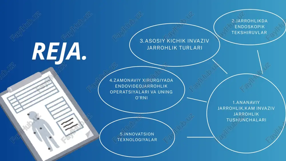 a jarrohlik-2000-yilda ,,da vinci” roboti fda tomonidan tasdiqlangan ekan va bugungi kunda yurak onkologik va ortopedik jarrohliklarda keng qo’llanilarkan. birinchi bor uzoqdan bajariladigan jarrohlik 2001-yilda bajarilgan ekan,yani fransiyadagi bemorda amaliyotni nyu-yorkdan turib bajarilgan ekan. tabiiy teshiklar orqali jarrohlik(notes), bazi hollarda og’iz yoki to’g’ri ichak orqali jarrohlik amaliyotlari bajariladi, bunda hechqanday kesma kerak bolmas ekan. asosiy kichik invaziv jarrohlik turlari 1 3 2 4 laparoskopik jarrohlik torakoskopik jarrohlik endoskopik jarrohlik artroskopik jarrohlik endovideojarrohlik-bu kichik invaziv jarrohlik usuli bo’lib, maxsus video kamera va mikrojarrohlik asboblari bilan ichki organlarda amaliyot bajariladi. ushbu usul an’anaviy ochiq jarrohlikka nisbatan kamroq travmatik bo’lib, bemorning tez tiklanishiga imkon yaratadi. endovideojarrohlik kam invaziv jarrohlikning ikki muhim usuli-notes va sils bugungi kunda tez rivojlanayotgan texnologiyalar qatoriga kiradi va ular ananaviy laparoskopiyaga qaraganda yanada kamroq invaziv bo’lib bemorlar uchun qulayroq va tezroq tiklanish imkonini beradi innovatsion texnologiyalar sils notes ( natural orifice translumenal endoscopic surgery) ,,tabbiy teshiklar orqali transluminal endoskopik …
