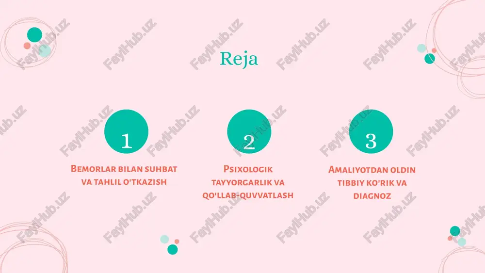 o'rquvlari haqida ochiq gapirishlari kerak. fikrlariga ehtiyotkorlik bilan yondashish, bemorning operatsiyaga tayyorgarlik jarayonini yaxshilashga yordam beradi. psixologik tayyorgarlikning asoslari maqsad va ahamiyati psixologik tayyorgarlik bemorning operatsiyadan oldin ruhiy holatini yaxshilash va xavotirlarni kamaytirishga qaratilgan. bu jarayon bemorning qulayligini ta'minlashga yordam beradi. ruhiy holatni baholash usullari bemorlarning ruhiy holatini baholash uchun so'rovnomalar, intervyular va testlar qo'llaniladi. ushbu usullar bemorning stress darajasini aniqlashda muhim ahamiyatga ega. foydalaniladigan metodlar psixologik tayyorgarlikda kognitiv-behavioral terapiya, relaxatsiya texnikalari va tasavvur qilish usullari qo'llaniladi. bu metodlar bemorning psixologik holatini yaxshilaydi. bemorlarni qo'llab-quvvatlash strategiyalari ruhiy qo'llab-quvvatlash usullari bemorlarni ruhiy qo'llab-quvvatlash, ularning his-tuyg'ularini tushunish va qo'llab-quvvatlash orqali amalga oshiriladi. bu jarayonda bemorlarga emotsional tayyorgarlik, ijobiy fikrlarni rivojlantirish va stressni kamaytirish uchun turli texnikalar taqdim etiladi. bemorlar uchun qo'llab-quvvatlovchi guruhlar muhim ahamiyatga ega, chunki ular bemorlarga o'z tajribalarini baham ko'rish va o'zaro yordam berish imkonini beradi. oilada qo'llab-quvvatlash oilaning roli bemorning sog'lig'i va ruhiy holatini yaxshilashda muhimdir. oila a'zolari bemorlarni …