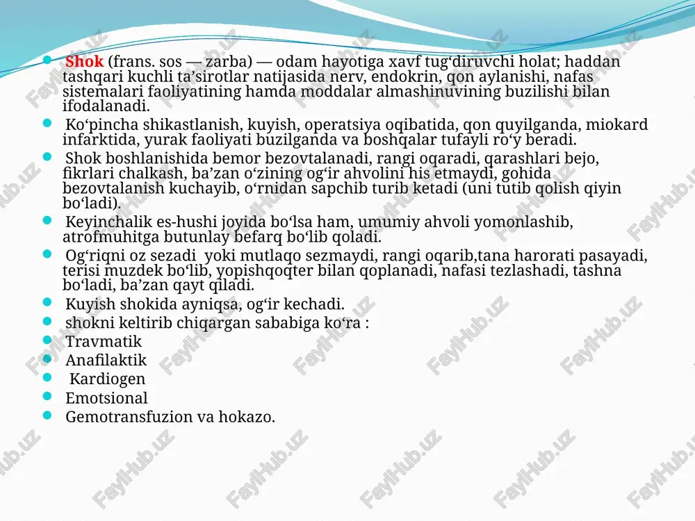 ladigan allergik reaksiyaning eng ogʻir koʻrinishlaridan (qarang allergiya penitsillin, streptomitsin, mahalliy ogʻriqni qoldiruvchi vositalar, qoqsholga qarshi va boshqalar zardoblar hamda vaksinalar ham anafilaktik shokga sabab boʻladi. anafilaktik shok belgilari uni keltirib chiqargan moddaga bogʻliq boʻlmagan holda bir xil — *koʻngil aynishi, *qusish, *qon bosimining toʻsatdan pasayib ketishi, *nafasning tez va yuzaki boʻlishi, *baʼzan hushdan ketish va boshqalar *koʻpincha teriga toshma (eshakem) toshadi, goho dori yuborilgan joyda shish paydo boʻladi. baʼzida tovush boylamlari shishib, bemor boʻgʻilib qolishi mumkin. anafilaktik shok belgilari paydo boʻlganda to vrach yetib kelguncha bemorni yonboshi bilan yotqizib, oyoqlarini bir oz koʻtarib qoʻyish (bu nafas yoʻllaridan bemalol havo oʻtishini taʼminlaydi), * lozim boʻlsa, sunʼiy nafas oldirish kerak. anafilaktik shokining oldini olish uchun faqat vrach tavsiya etgan dorilardan foydalanish zarur. kardiogen shok — miokard infarktining eng ogʻir asoratlaridan biri, yurak sohasida qattiq ogʻriq paydo boʻlganda kuzatiladi. kardiogen shokida bemor haddan tashqari *darmonsizlanadi, *rangi oqarib, * labi koʻkaradi, *qoʻloyogʻi muzlaydi, …