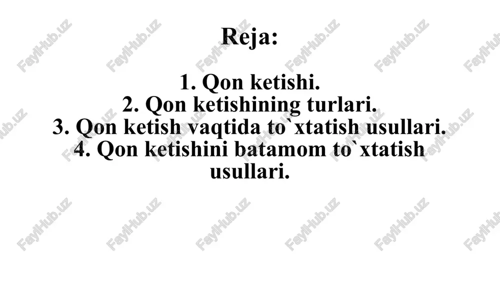 si bo`ylab kam miqdorda, bir maromda, tomchi ko`rinishida qon sizib chiqadi. parenximatoz(g`ovak) a’zolar (jigar, taloq, o`pka) jarohatlanganda qon ketishi juda xavfli kechadi, ulardagi tomirlarning o`z holicha yopilmasligi sababli, qon ketishi to`xtamaydi va tez kamqonlik holatlari kelib chiqadi. 2. qon ketishining tashqi, ichki va yashirin klinik turlari farqlanadi. -tashqi qon tomir devorining jarohati tufayli ketayotgan qon tashqariga oqadi. -ichki qon ketish nisbatan murakkab, ketayotgan qon biron bir a’zo qobiqlarida to`plangan tarzda yoki qorin va ko`krak qafasi bo`shliqlariga ketishi mumkin. 3. o`tkir yoki surunkali qon ketish. inson hayotidagi eng havfli qon ketishi o`tkir qon ketishidir. qisqa vaqt ichida yo`qotilgan katta miqdordagi qon yetishmovchiligiga inson organizmi tez moslasha olmaydi, natijada o`lim hollari ko`p uchraydi. surunkali qon ketishda esa kamqonlik sekinlik bilan rivijlanadi, natijada inson organizmi bu yangi holatga asta-sekin moslasha boradi. image1.png image2.png image3.png image4.png image5.png image6.png image7.png image8.png image9.png image10.png image11.png image12.png image13.png image14.png image15.png image16.png image17.png image18.png image19.png image20.png image21.png g …