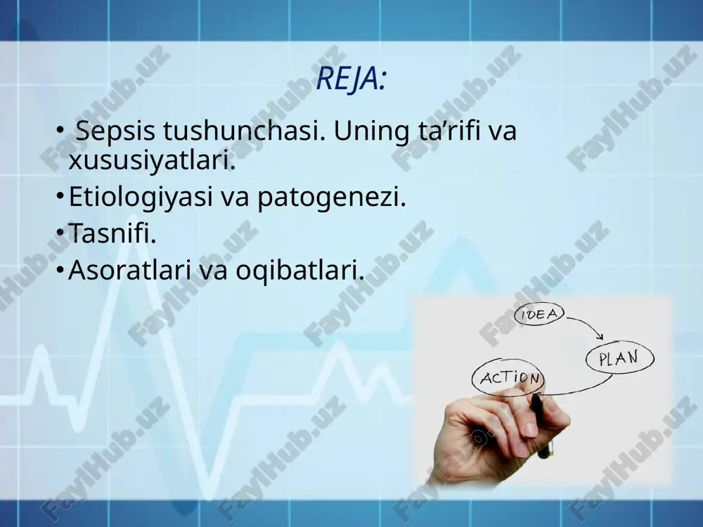 rqalib boradi, natijada limfangit, limfadenit yoki tromboz boshlanishi bilan birga davom etishi mumkin. keyinchalik metastatik ochoqlar ham paydo bo'lishi mumkin, asosan jarayon gematogen yo'l bilan tarqalib, bakteriemiya boshlanganida shunday hodisa ro'y beradi. sepsisning avj olib borishida immunitetning buzilishi va spetsifik himoya omillarining buzilishi muhim o'rinda turadi. ayni vaqtda: 1)leykositlar xemotaksisi susayib, neytrofillarning fagotsitar faolligi pasayib qoladi; 2) limfotsitlarning faolligi ham susayadi; 3) immun antitelolar ishlanib chiqishi kamayadi. sepsis patogenezi yiringli yallig’lanish o’chog’i immun sistemadagi zararlanish allergik holat yallig’lanish mediatorlarining massiv ajralishi(sitokinlar, proteazalar, prostoglandinlar va b.) yallig’lanish reaksiyalarining rivojlanishi umumiy reaktivlikning pasayishi(anemiya, diabet, avitaminoz va b.) sirs (kompensatsiyalangan ximoya tizimi) yashash uchun kurash sirs - sepsis(dekompensatsiyalangan ximoya tizimi) shok poliorgan yetishmovchiligi infeksiyaning ikkilamchi o’chog’i sepsis rivojlanish bosqichlari 1-bosqich:efektor hujayralardan mahalliy sitokinlarning ajralishi 2-bosqich:qon ivituvchi tizimida sitokinlar miqdorini kamayishi 3-bosqich:yallig’lanish reaksiyalarini generalizatsiyasi sepsis tasnifi umumiy tasnif: 1)birlamchi(kriptogen); 2)ikkilamchi . birlamchi o’chog’ining joylashuviga ko’ra: 1) xirurgik; 2) ginekologik; 3) urologic; 4) otogen; 5) …