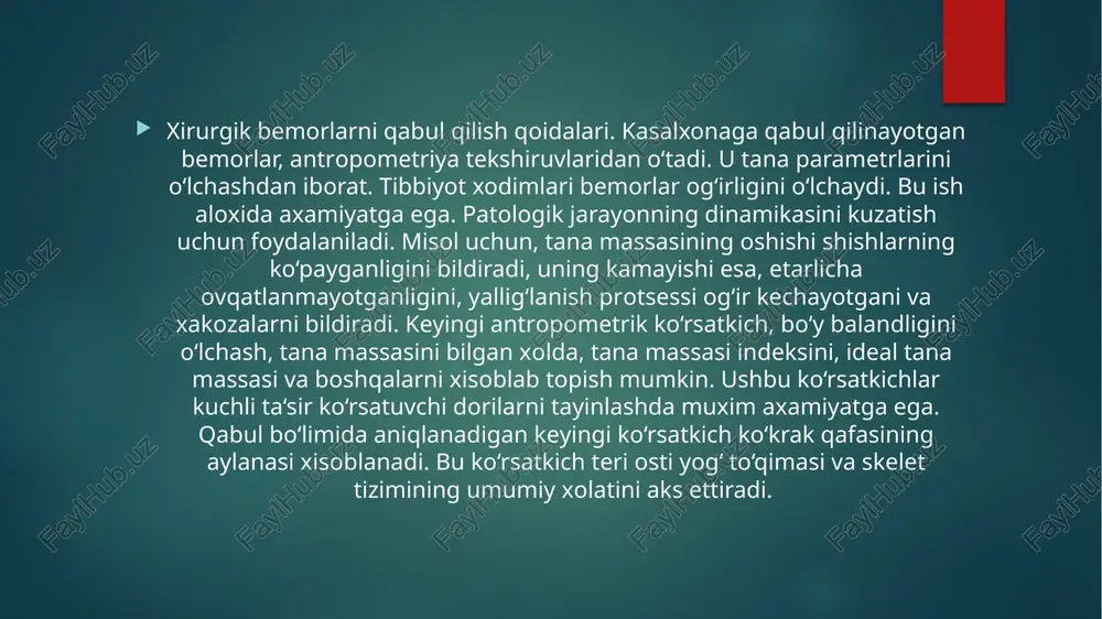 ukillatib ko‘rish yordami bilan meshsimon istisqoj(assit) bilan nog‘orasimon istisqo (meteorizm) o'rtasidagi farq aniqlanadi. auskultatsiya haqida ibn sino yozadi: "eshitib ko‘rish orqali a’zolardan chiqadigan tovushlarni tekshirib, uning holati aniqlanadi. masalan, ichaklarning quldirashi ularda havo dam bo'lib qolganini ko‘rsatadi. bu esa ovqat yomon hazm bo‘lganining nishonidir". , ibn sino bundan ming yil muqaddam qo‘llagan bu diagnostik tekshirish usullari hozirgi zamon klinikalarida ishlatiladigan perkussiya, auskultatsiya va palpatsiya usullaridan juda oz farq qiladi i. bemor haqida ma'lumot 1. familiyasi, ismi, otasining ismi- xashimova xalima axatovna 2. yoshi-1956 y.t. 3. millati o'zbek 4. ma'lumoti o'rta 5. kasbi-oddiy ishchi 6. ish joyi- ii guruh nogironi № 403844 7. vazifasi- xozirda uy bekasi 8. uy adresi- toshkent shaxar s. raximov tumani tansiqboev dahasi 4 uy 5 xona 16 9. kasalhonaga kelgan kuni - 29.04.2008 yil soat 05:15 ii.so'roq ma'lumotlari 8. uy adresi- toshkent shaxar s. raximov tumani tansiqboev dahasi 4 uy 5 xona 16 9. kasalhonaga kelgan …