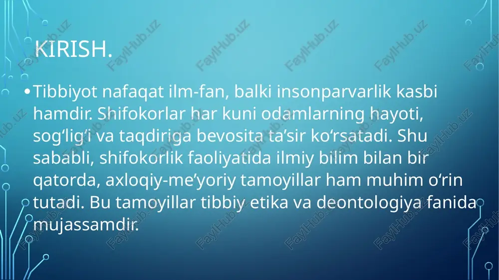 r: bemor bilan odobli gaplashish, uni qo‘rqitmaslik, ruhiy dalda berish. hamkasblar bilan munosabatlar: hamjihatlikda ishlash, bir-birining obro‘sini tushirmaslik. tibbiy deontologiyaning asosiy yo‘nalishlari: tibbiy deontologiya tushunchasi va yo‘nalishlari bemor bilan munosabatlarda burch: bemorni e’tibor bilan tinglash. uning ruhiyatini ko‘tarish. to‘g‘ri tashxis qo‘yib, samarali davolash. kasallik sirini saqlash. 2. zarar yetkazmaslik har qanday davolash jarayonida bemorga zarar yetkazmaslik birinchi tamoyildir. noto‘g‘ri tashxis, asossiz dori-darmon buyurish yoki shoshma-shosharlikdan qochish kerak. insonparvarlik va rahm-shafqat bemor nafaqat davoga, balki mehr, g‘amxo‘rlikka ham muhtoj. shifokor bemorga ruhiy madad berishi, umid uyg‘otishi lozim. dolat va tenglik har bir bemorga, ijtimoiy mavqeidan qat’i nazar, teng va adolatli munosabatda bo‘lish. tibbiy yordam ko‘rsatishda millat, jins, din, boylik va mavqega qarab farq qilmaslik. 5. sir saqlash bemorning kasalligi, shaxsiy ma’lumotlari shifokor siridir. uni uchinchi shaxslarga oshkor qilish axloqiy va huquqiy jihatdan noto‘g‘ri hisoblanadi. tibbiy deontologiya deontologiya – yunoncha “deon” – burch, “logos” – ta’limot degan so‘zlardan olingan. u shifokorning kasbiy …