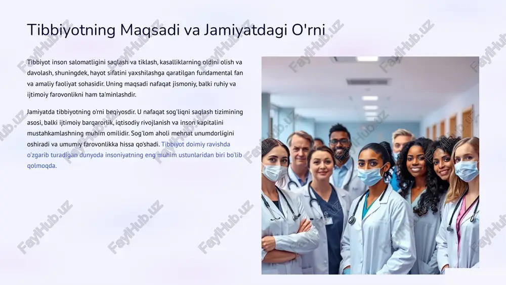 hun boyitdi. 3 tibbiyotning asosiy sohalari va yo'nalishlari tibbiyot fanining kengligi uni ko'plab sohaga va yo'nalishlarga ajratgan: klinik tibbiyot to'g'ridan-to'g'ri bemorlar bilan ishlaydigan sohalar: kardiologiya, pediatriya, jarrohlik, nevrologiya va boshqalar. fundamental tibbiyot kasalliklarning mexanizmlarini o'rganuvchi asosiy fanlar: anatomiya, fiziologiya, farmakologiya, mikrobiologiya. jamoat salomatligi aholi salomatligini saqlash, kasalliklarning oldini olish va sog'lom turmush tarzini targ'ib qilish: epidemiologiya, sanitariya. innovatsion yo'nalishlar genetika, telemeditsina, sun'iy intellekt va robototexnika tibbiyotda yangi imkoniyatlar yaratmoqda. har bir soha inson salomatligini yaxshilashga o'ziga xos tarzda hissa qo'shadi, ularning birgalikdagi harakati zamonaviy tibbiyotning murakkabligini va samaradorligini ta'minlaydi. 4 deontologiya nima? tibbiy axloq qoidalari "deontologiya" atamasi yunoncha "deon" (burch, majburiyat) va "logos" (ta'limot) so'zlaridan kelib chiqqan bo'lib, kasbiy burch va majburiyatlar haqidagi ta'limotni anglatadi. tibbiy deontologiya — bu tibbiyot xodimlarining kasbiy faoliyatida amal qilishlari kerak bo'lgan axloqiy me'yorlar, tamoyillar va qoidalar tizimi. u shifokorlarning bemorlar, hamkasblar va jamiyat oldidagi majburiyatlarini belgilaydi. kasbiy majburiyat: bemorning manfaatlarini ustuvor bilish. maxfiylik: bemor …
