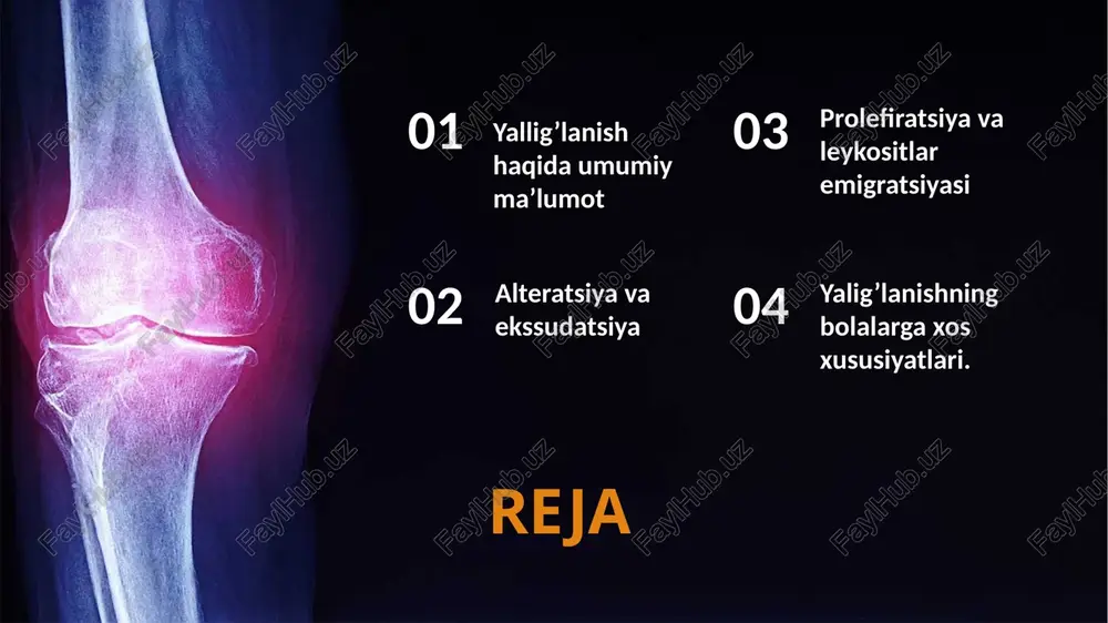 lar chiqadi (ekssudatsiyaning xujayrali fazasi). ekssudatsiya sabablari: kapillyarlarda gidrostatik bosimning ko`payishi, tomir devori utkazuvchanligining oshishi, to`qimada onkotik va osmotik bosimning kutarilishi. ekssudatsiyada suyuqlik endotelial hujayralar orasidagi oralik orqali tashqariga chiqadi, shuningdek ekssudatsiyada sitopempsis hodisasi (yun. pepsis- o`tkazish) — suyuqlik mayda tomchilarini faol ushlab olish yo`li bilan ularning endoteliy sitoplazmasi orqali transport qilinishi (ultrapinositoz) ham muhim ahamiyatga ega. 6 leykotsitlar emigratsiyasi yallig`lanishda leykotsitlar emigratsiyasi i. i. mechnikov tomonidan o`rganilgan. emigratsiyaning uchta bosqichi farq qilinadi: ley-kotsitlarning kapillyarlar ichki yuzasi qirg`og`ida turishi, leykositlarning endotelial devor orqali chiqishi (leykodiapedez), leykotsitlarning yallig`langan turkimaga harakati (daydishi). leykotsitlar emigratsiyasiga taʼsir kursatuvchi omillar: mexanik (suyuqlikning tomirdan to`qimaga oqishi); fizik-kimyoviy (leykotsitning yallig`lanish o`chog`iga qaragan ustki yuzasi tarangligining pasayishi, sitoplazmaning fizik-kimyoviy tuzilishining o`zgarishi), yallig`lanish o`chog`ida musbat zaryadlangan ionlarning to`planishi: biokimyoviy (leykotsit va endotelial xujayralar orasida kalsiy ko`prikchalarining hosil bo`lishi). 7 proliferatsiya yallig‘langan to‘qimalar tozalangan sari proliferatsiya - hujayralar k o ‘payishi sodir b o ‘ladi. y allig‘lan ish d a …