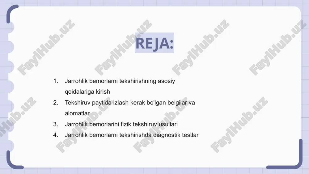 agnostika va davolash to'g'risida qaror qabul qilishda muhim rol o'ynaydi. jarrohlik bemorlarini fizik tekshiruv usullari jarrohlik bemorlarni tekshirganda, keng qamrovli tibbiy tarixni olish va to'liq fizik tekshiruvni o'tkazish kabi asosiy qoidalarga rioya qilish kerak. standart tekshiruv usullaridan tashqari, jarrohlik bemorlarni baholashning ilg'or usullari, jumladan, tasviriy tadqiqotlar va maxsus testlar mavjud. bemorlarni to'g'ri davolash keng qamrovli va samarali davolash rejalarini, shu jumladan akademik jarrohlik tarixini yozishni ta'minlash uchun turli xil tibbiy yordam ko'rsatuvchi provayderlar va mutaxassislar o'rtasidagi muvofiqlashtirishni o'z ichiga oladi. jarrohlik bemorlarni tekshirishda diagnostik testlar jarrohlik bemorlarini tekshirganda, to'liq baholash uchun asosiy qoidalarga rioya qiling. keng qamrovli baholash uchun diagnostik testlar kabi qo'shimcha usullardan foydalaning. to'g'ri tashxis qo'yish uchun bemorning yozuvlarini to'g'ri tuzish juda muhimdir. akademik jarrohlik tarixini yozishda barcha topilmalarni diqqat bilan hujjatlashtiring. tekshiruv jarayonida qo'llaniladigan diagnostika testlari tafsilotlarini kiriting. uyushtirilgan yondashuv jarrohlik holatlarini samarali boshqarishni ta'minlaydi. jarrohlik bemorlarini tekshirish tafsilotlarga e'tibor berishni va belgilangan protokollarga rioya qilishni talab …